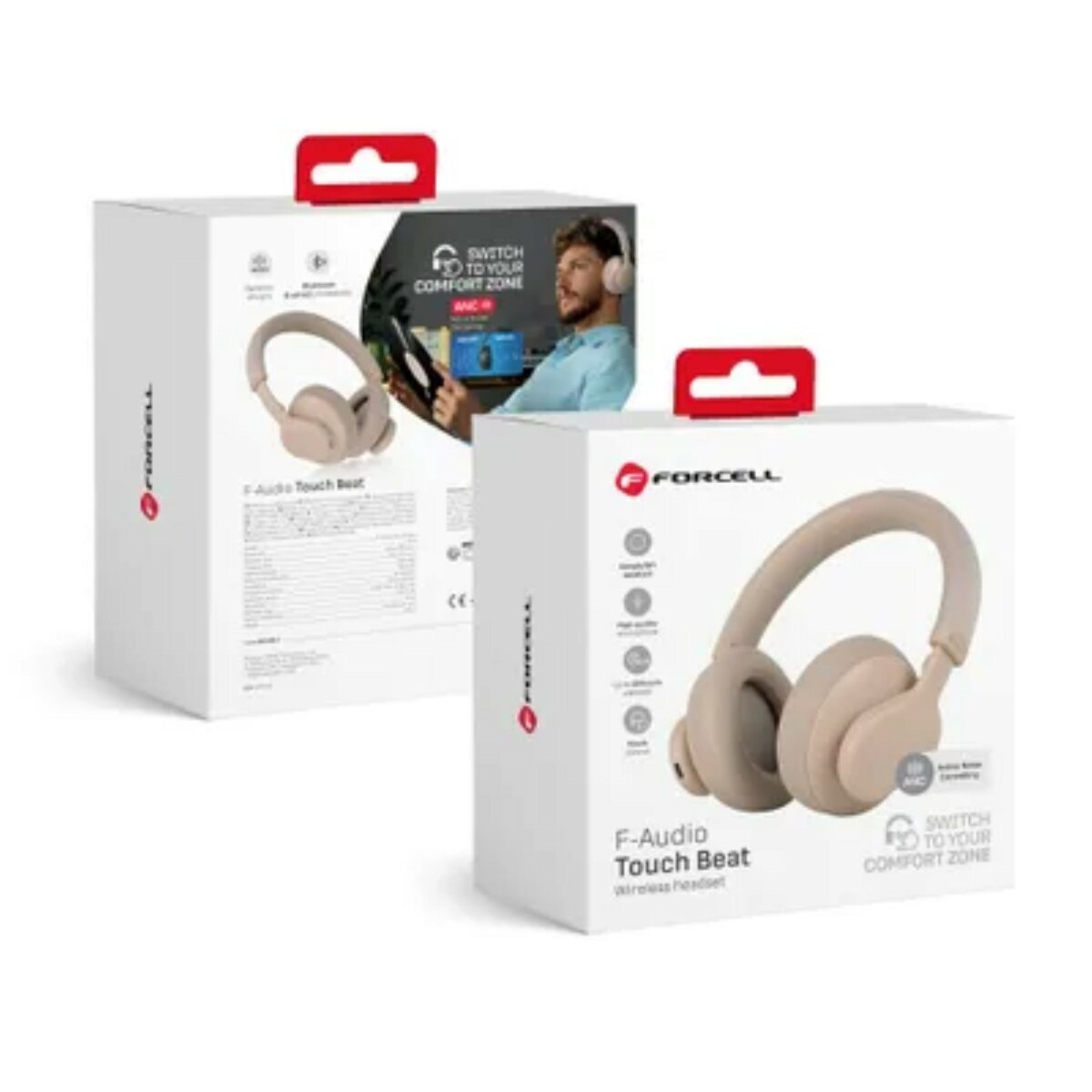 Zwei weiße Kartons mit roten Griffen und Kopfhörern. Ein Karton zeigt eine Person mit Kopfhörern. Text: F-Audio Touch Beat Wireless-Headset.