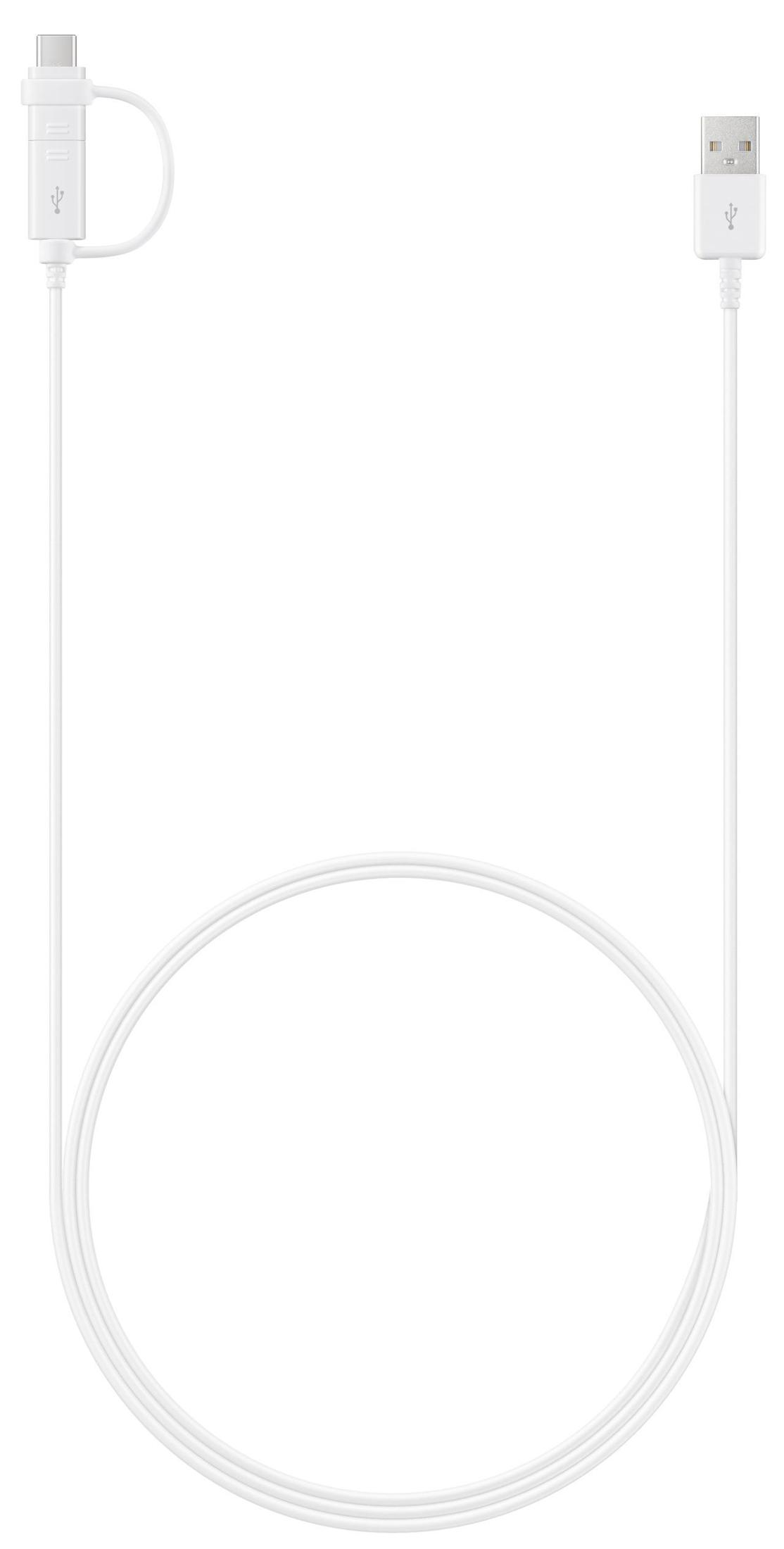 Cavo di ricarica USB bianco con connettori USB-C e USB-A. Il cavo forma un grande anello.