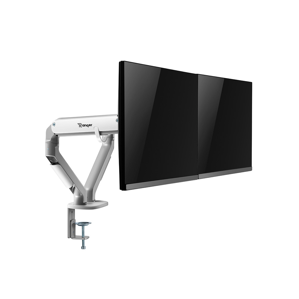 Doppel-Monitor-Setup mit einem silbernen und weißen Ranger-Ständer. Zwei schwarze Bildschirme sind montiert, vor weißem Hintergrund.