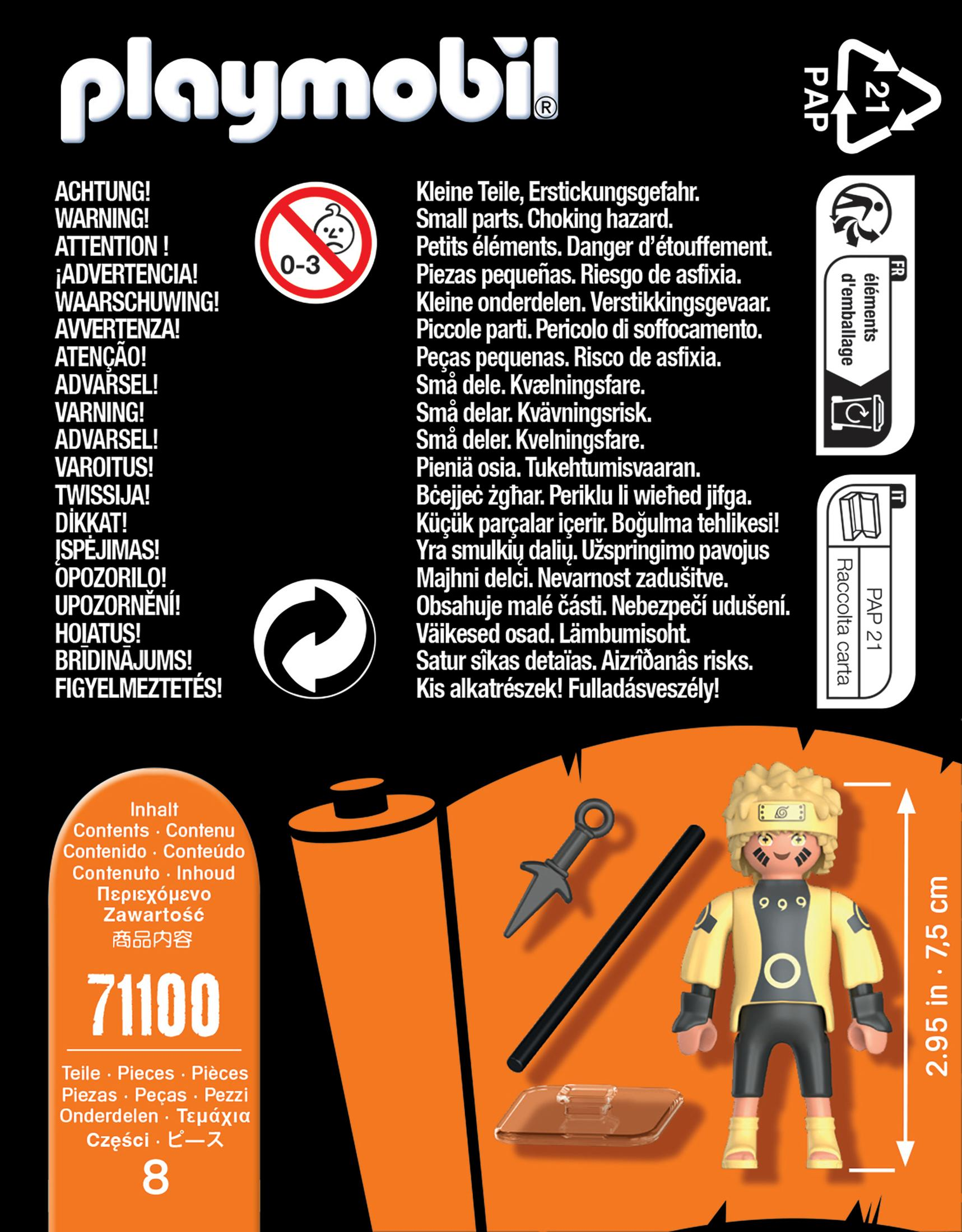 Spielzeugbox mit Naruto-Figur, Zubehör und Warnhinweisen in verschiedenen Sprachen.