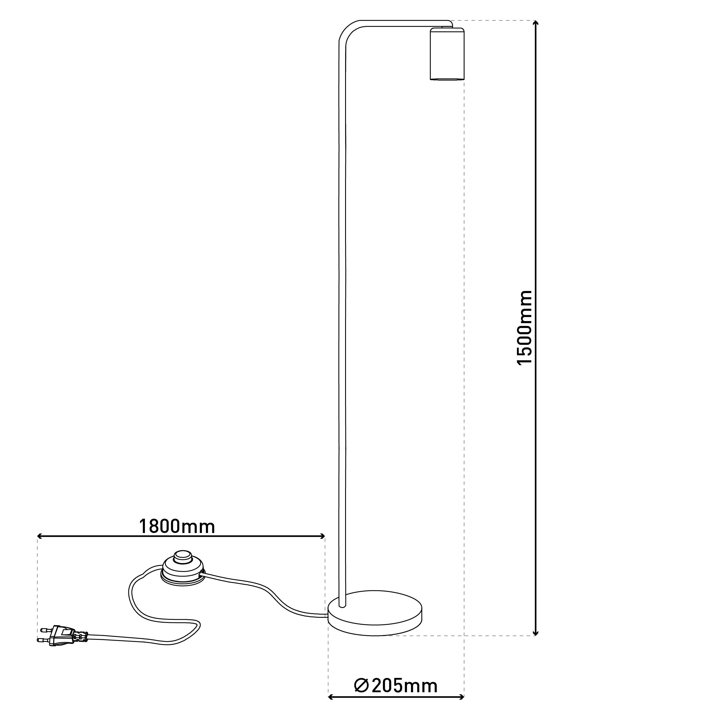 Diagramm einer Stehlampe mit Maßen. Sie hat einen runden Fuß, einen hohen Stiel und einen Lampenkopf. Ein Kabel ist ebenfalls abgebildet.