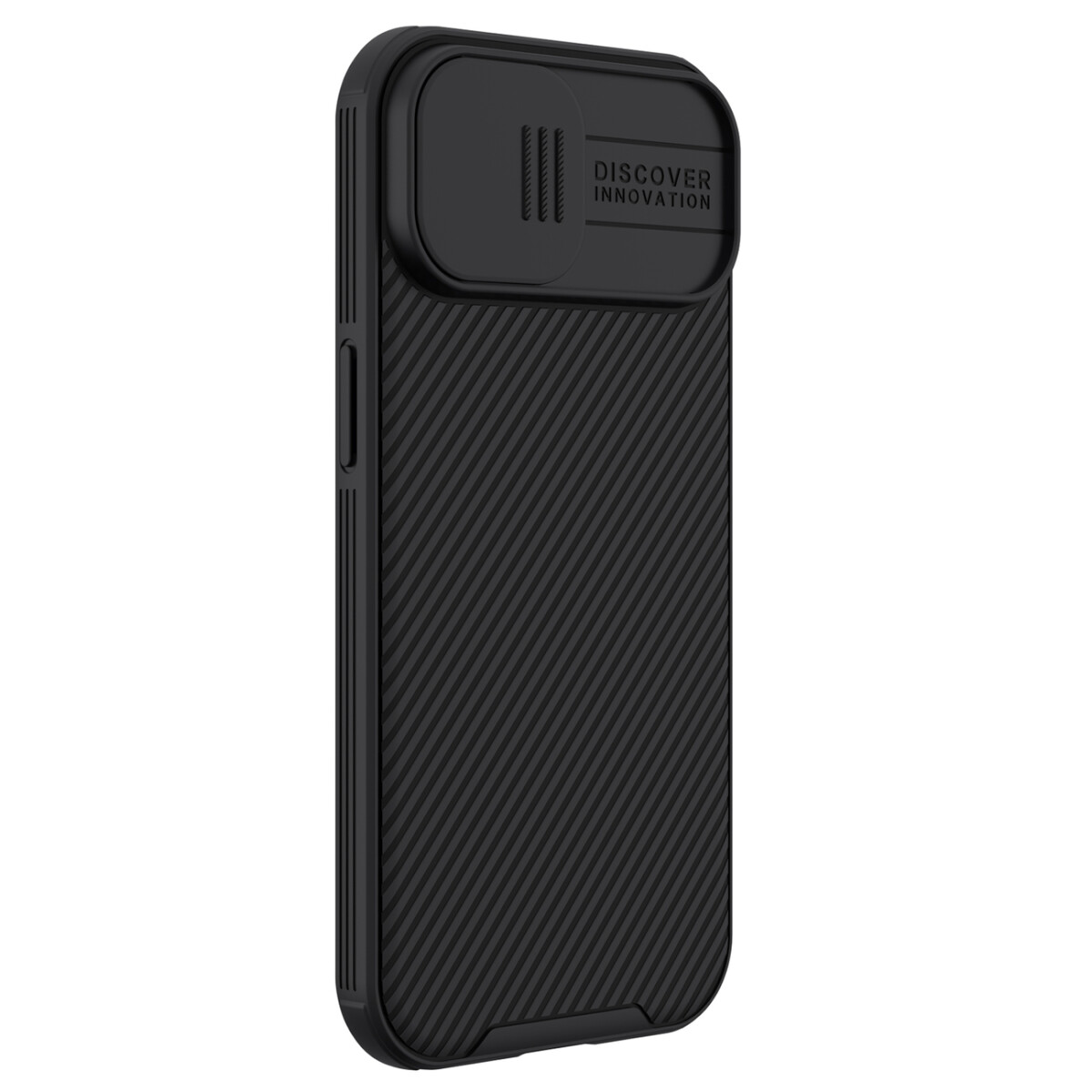 Coque de téléphone noire avec cache caméra coulissant. La coque a une surface texturée avec des lignes diagonales et l'inscription 'DISCOVER INNOVATION'.