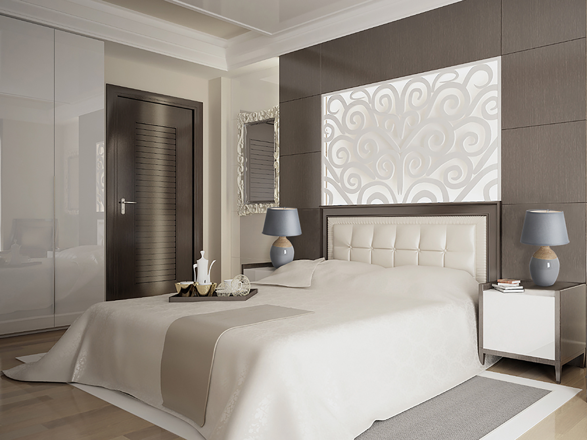 Schlafzimmer mit Bett, Lampen und dekorativer Wand. Neutrale Farben dominieren den Raum, mit Fokus auf Komfort und Eleganz.