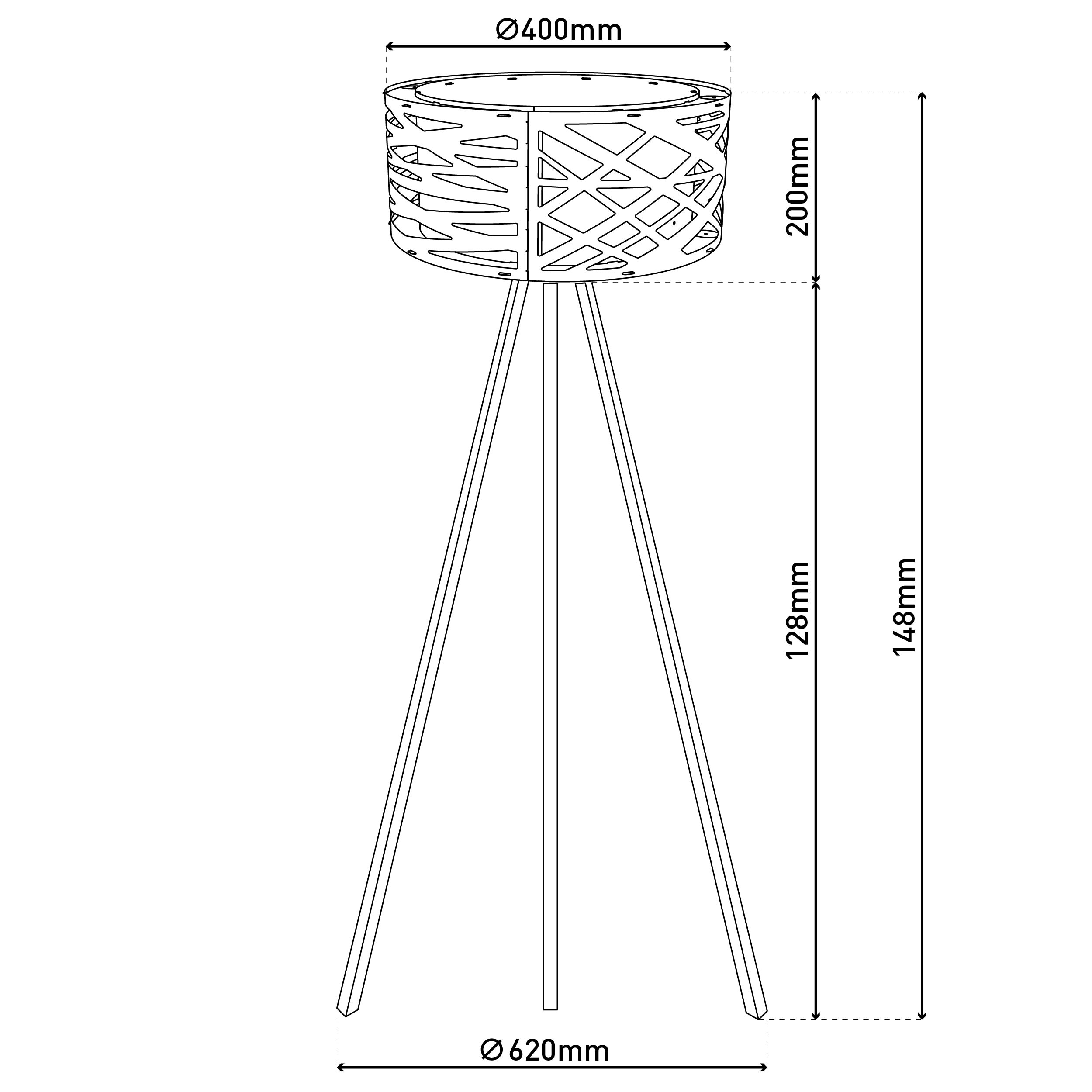 Strichzeichnung eines Pflanzenständers. Er hat eine runde Oberseite, geometrische Aussparungen und drei Beine. Abmessungen sind angegeben.