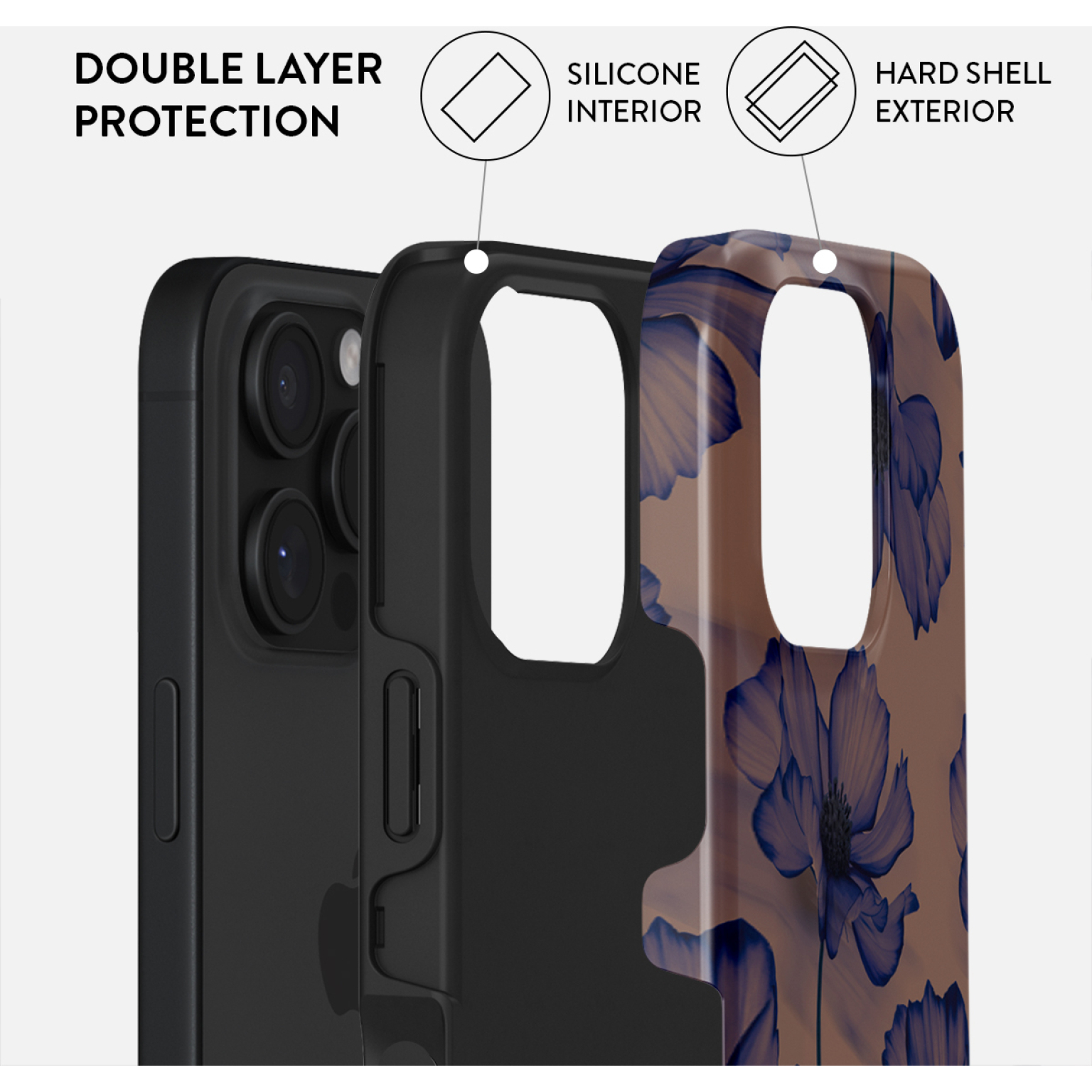 Telefoonhoesje met dubbele bescherming. Zwart interieur, bloemen exterieur. Siliconen interieur en harde schaal exterieur worden benadrukt.