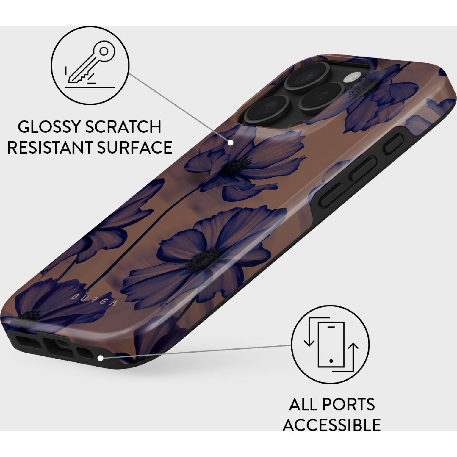 Telefoonhoesje met blauw bloemendesign. Glanzend, krasbestendig oppervlak. Alle poorten toegankelijk. Sleutel- en telefoonicoon.