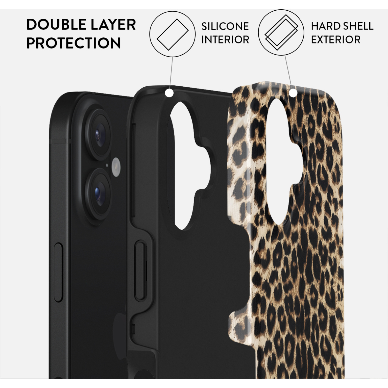 Telefoonhoesje met dubbele bescherming. Bevat een zwarte siliconen binnenkant en een harde buitenkant met luipaardprint. Telefoon zichtbaar.