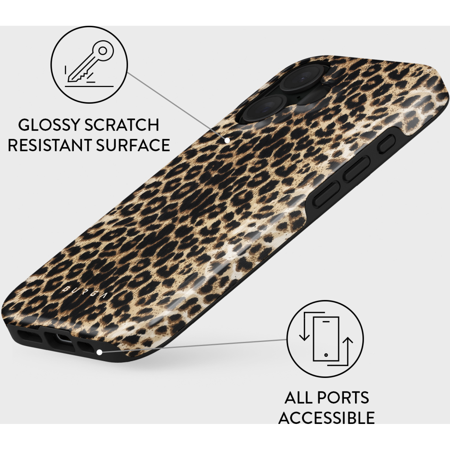 Een telefoonhoesje met luipaardprint en zwarte randen wordt getoond. Tekst geeft een glanzend, krasbestendig oppervlak en toegankelijke poorten aan.
