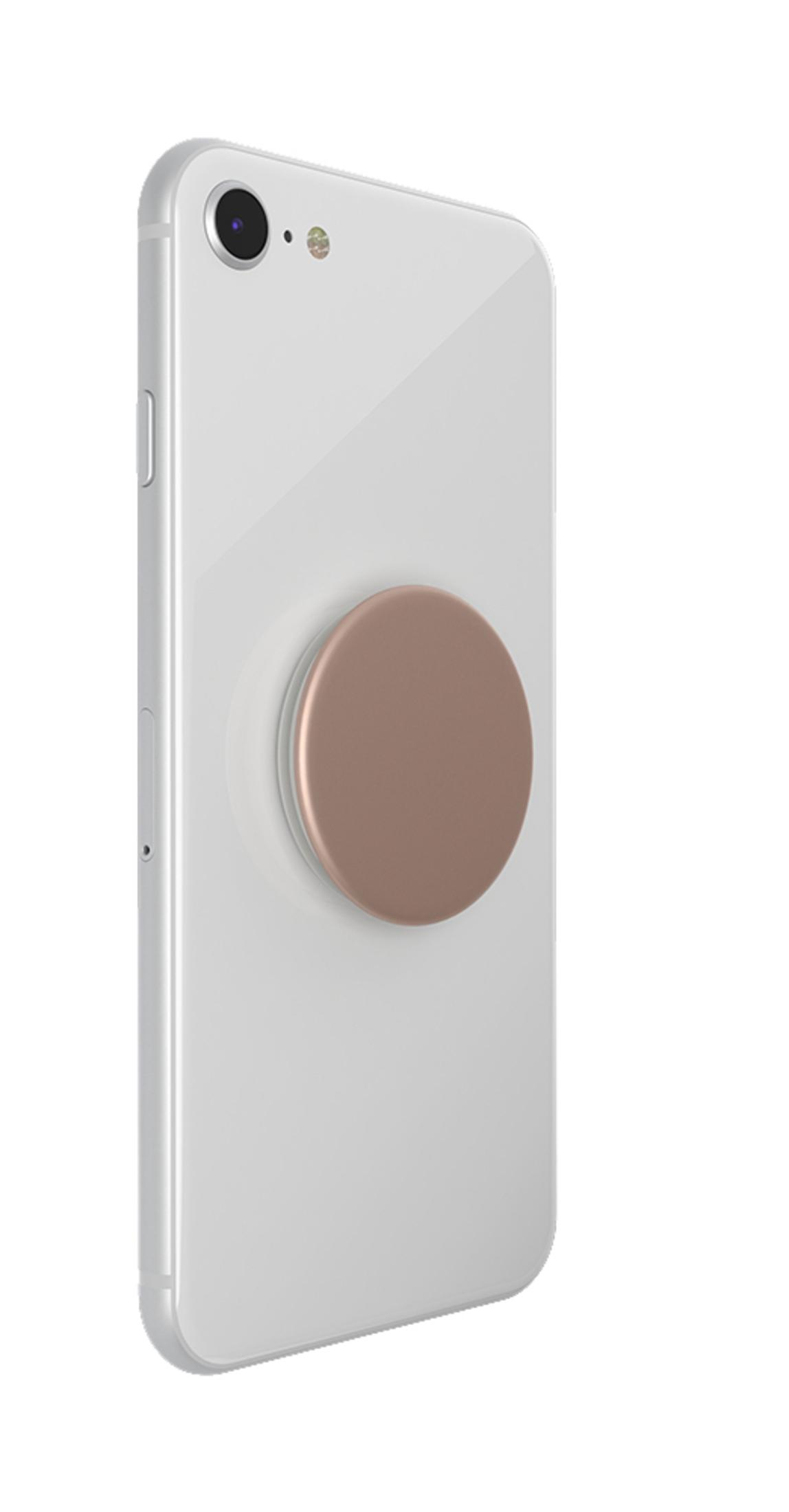 Ein weißes Smartphone mit einem roségoldenen Pop-Socket. Das Telefon hat eine Kamera und einen Blitz. Der Hintergrund ist schlicht weiß.