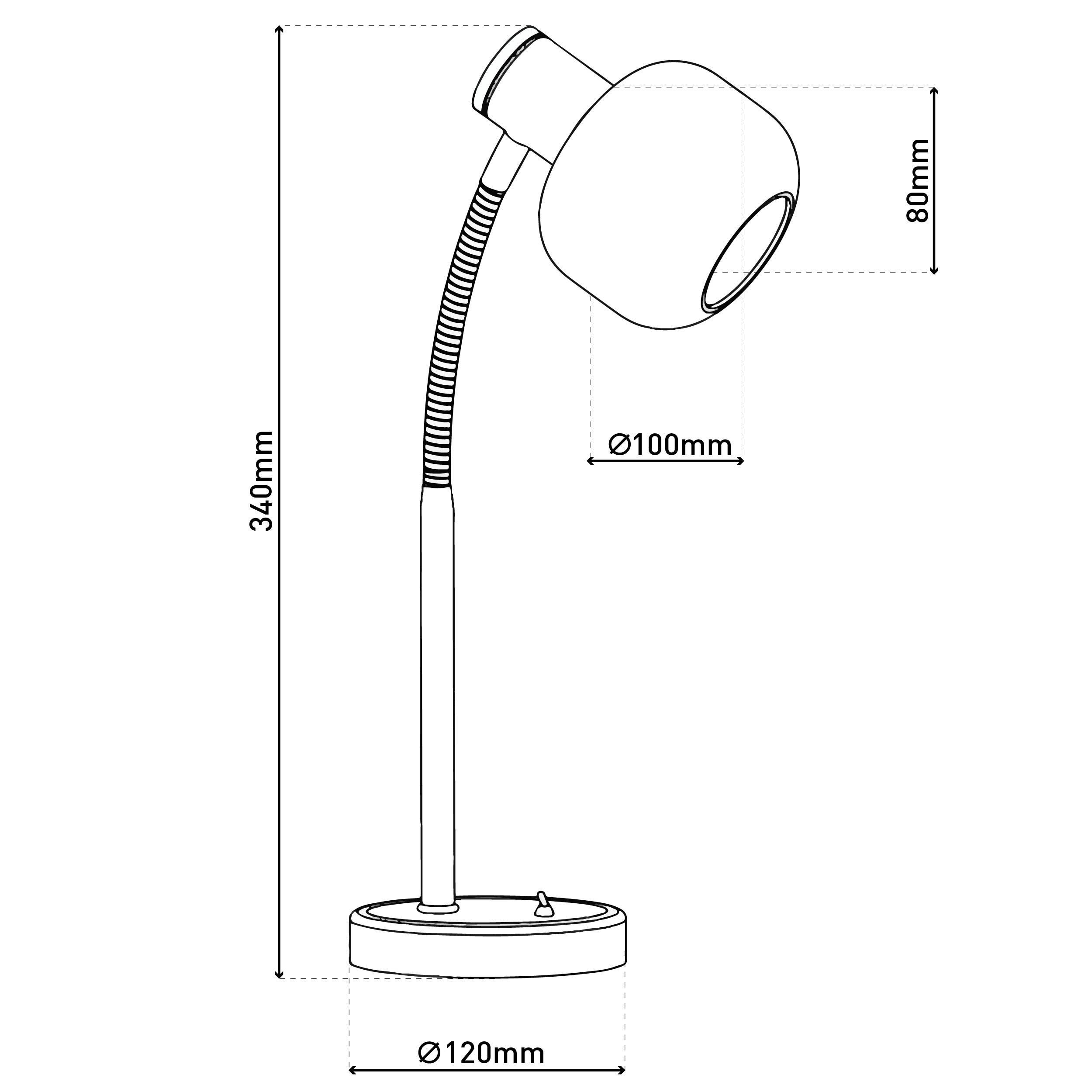 Diagramm einer Schreibtischlampe mit Maßen. Die Lampe ist weiß, mit flexiblem Hals, rundem Sockel und Lampenschirm.