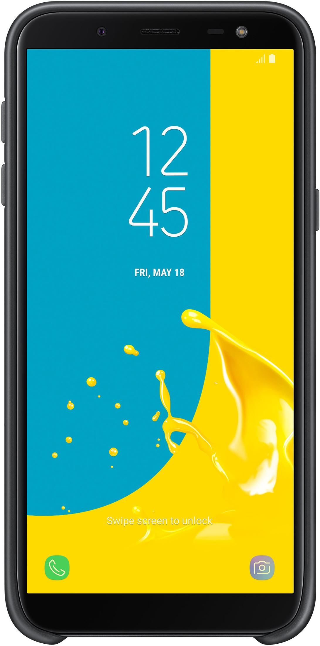 Schermo dello smartphone che mostra l'ora, la data e uno spruzzo di liquido giallo su sfondo blu. Lo schermo recita: "Scorri lo schermo per sbloccare".