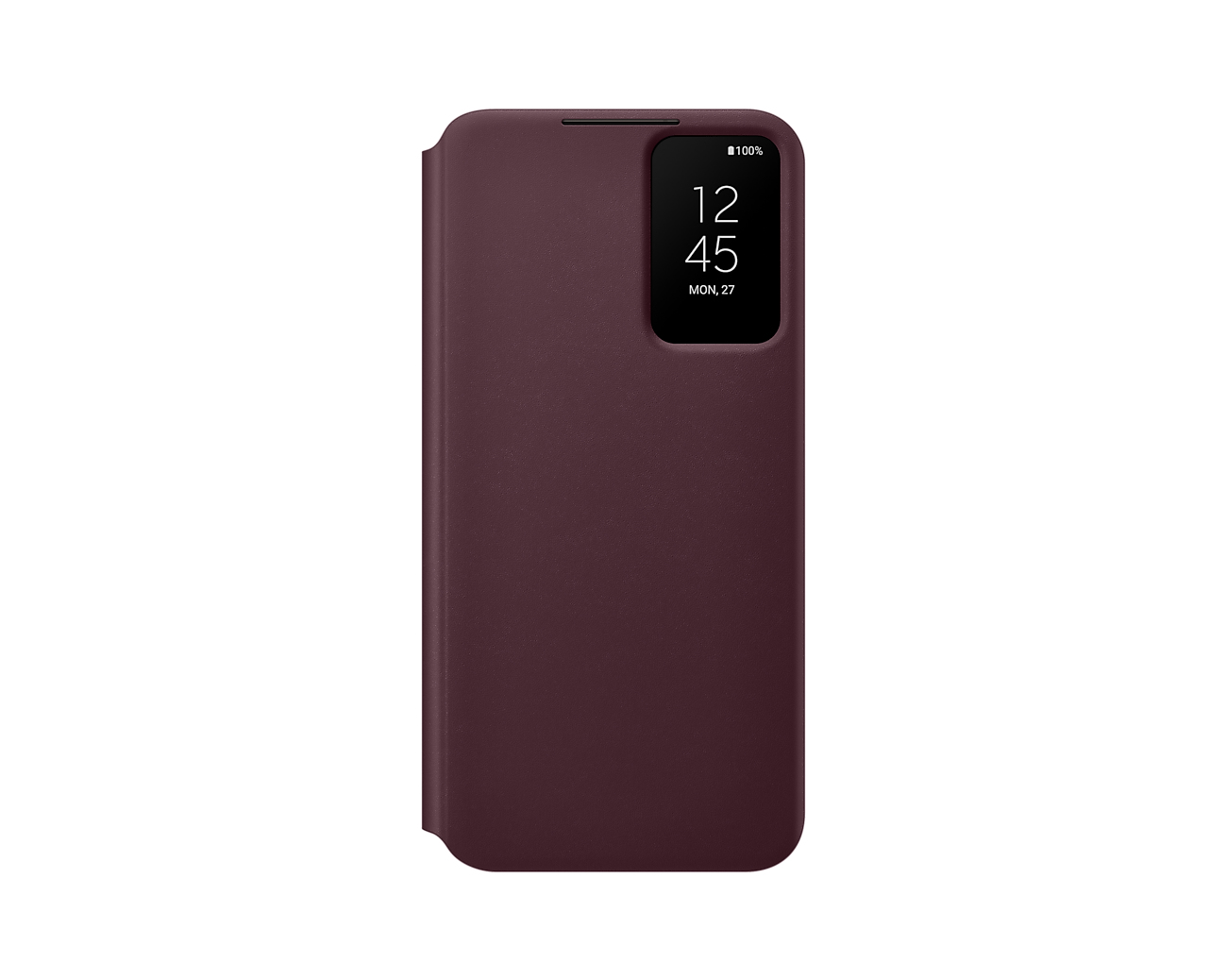 Una custodia per telefono bordeaux chiusa. Il display mostra l'ora, 12:45, e la data, lun 27. Batteria al 100%.
