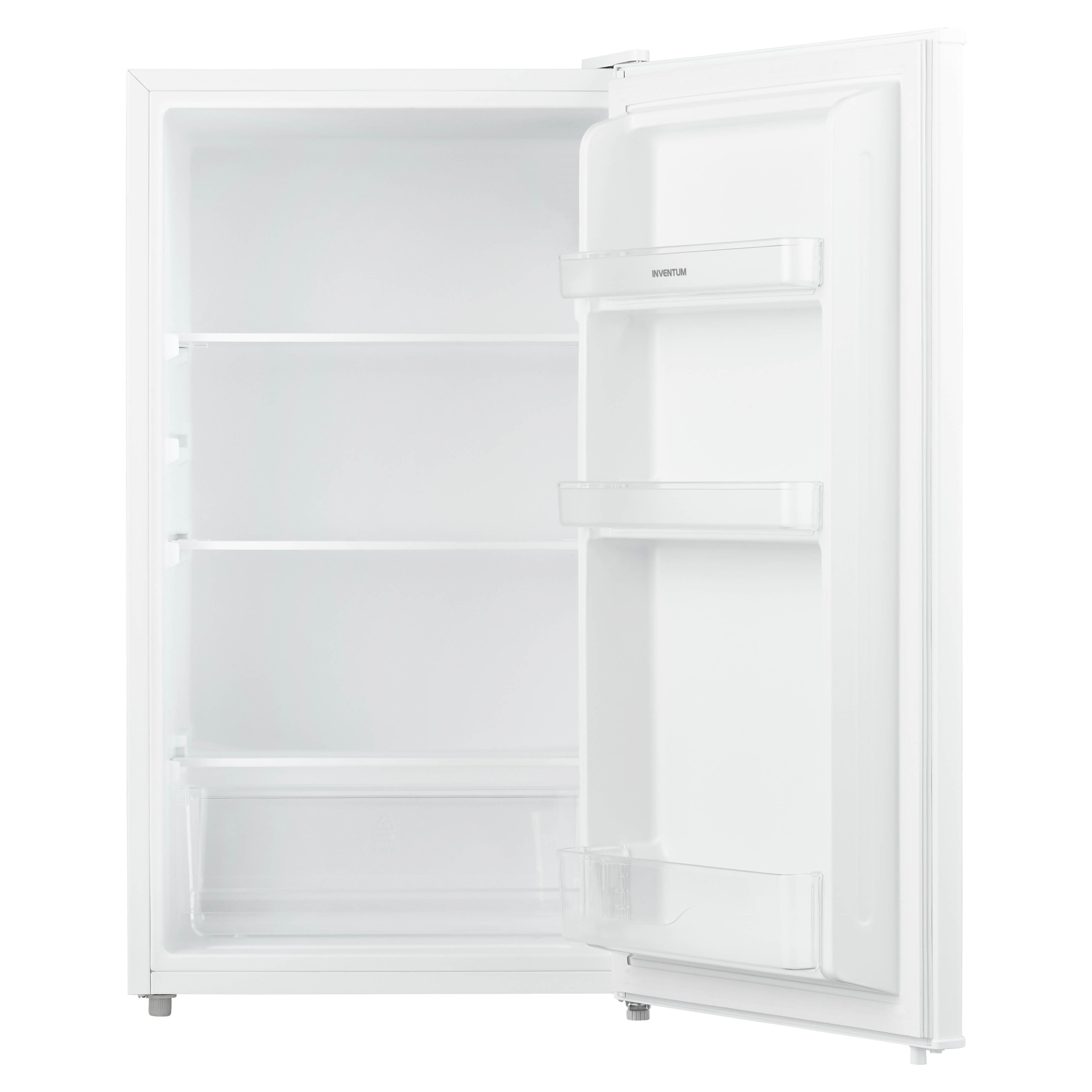 Open white refrigerator. Interior has shelves and door shelves. Empty, clean inside.