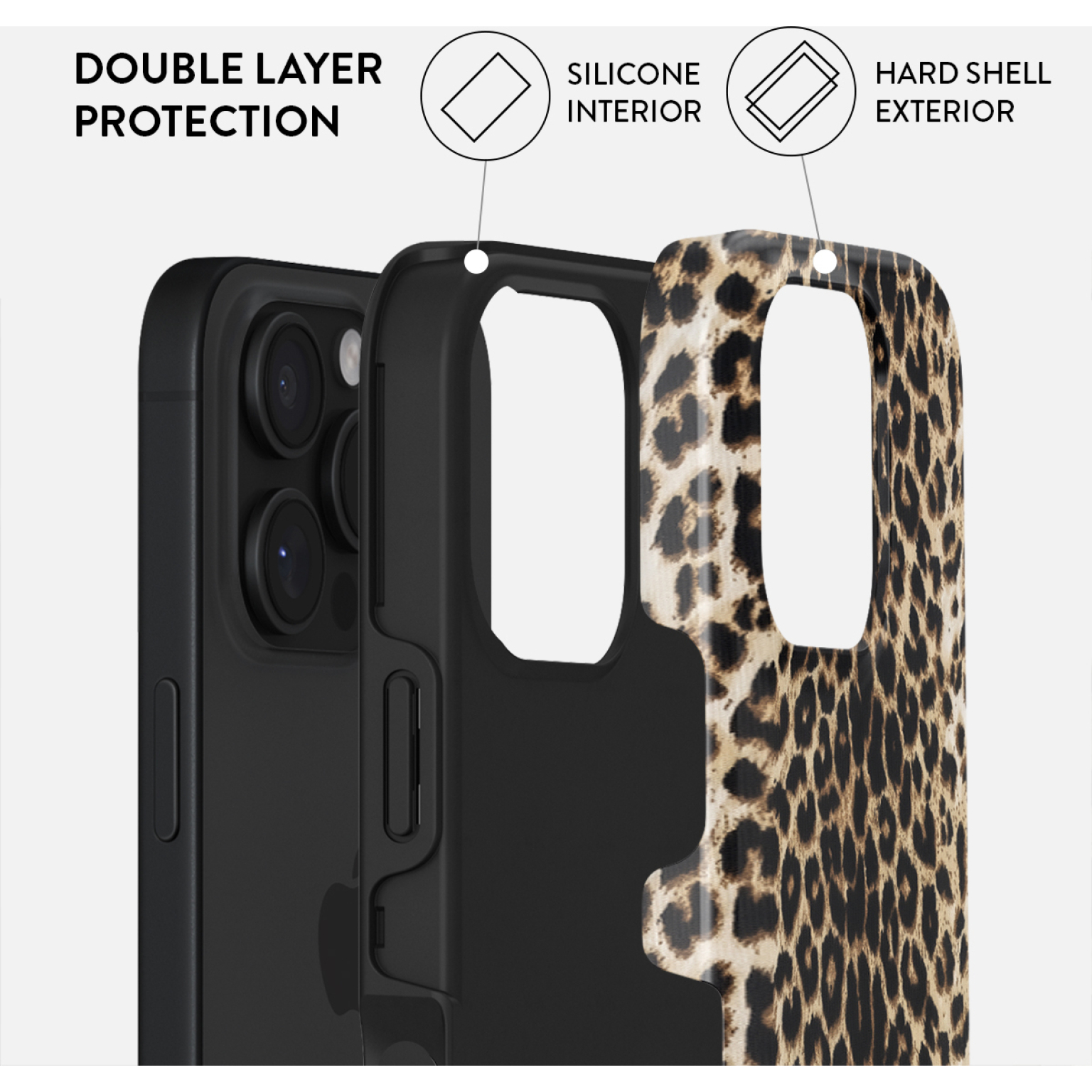 Afbeelding toont een telefoonhoesje met dubbele bescherming. De hoes is zwart met een luipaardprint aan de buitenkant.