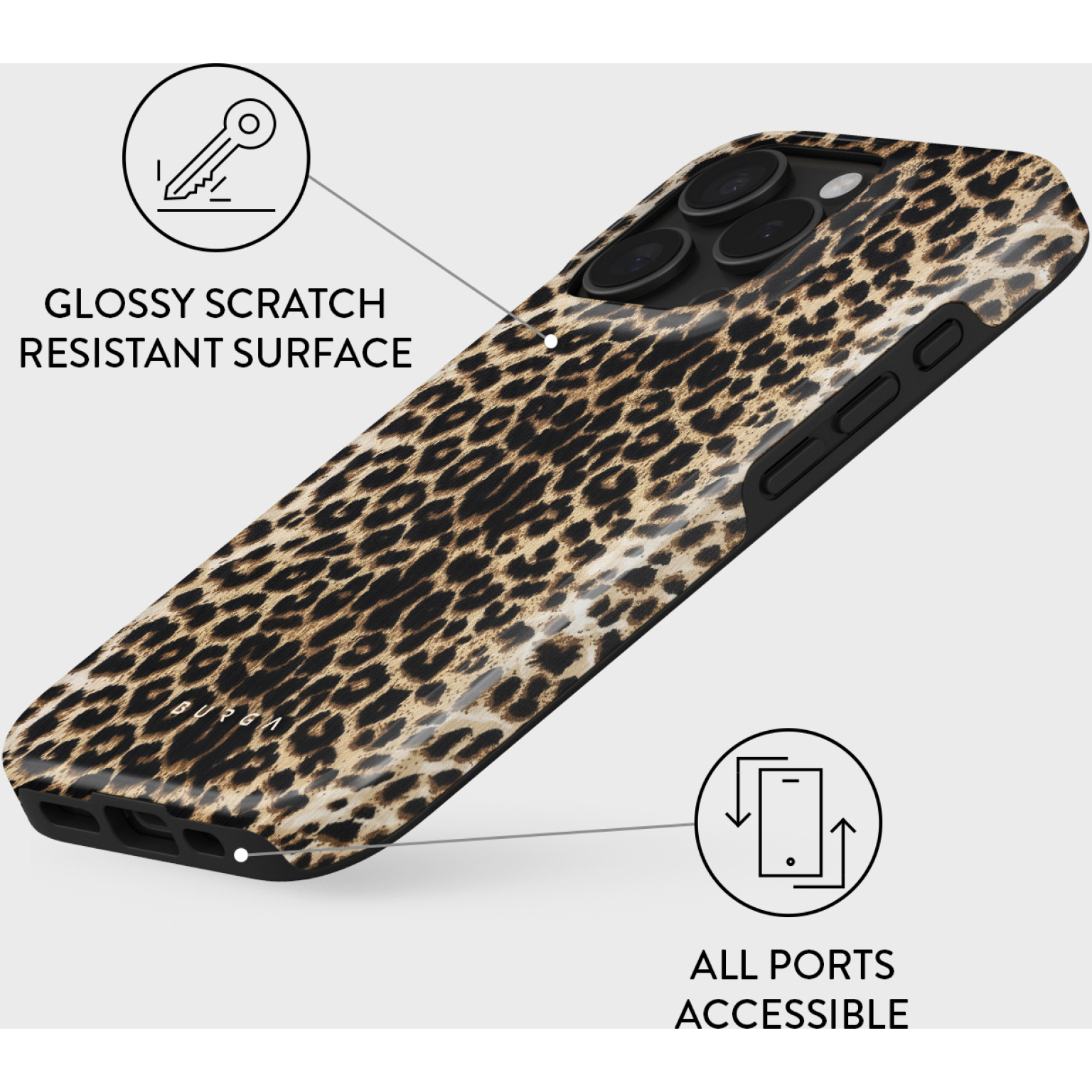 Een telefoonhoesje met luipaardprint op een witte achtergrond. De hoes heeft cameralenzen en knoppen. Tekst geeft 'glanzend krasbestendig oppervlak' aan.