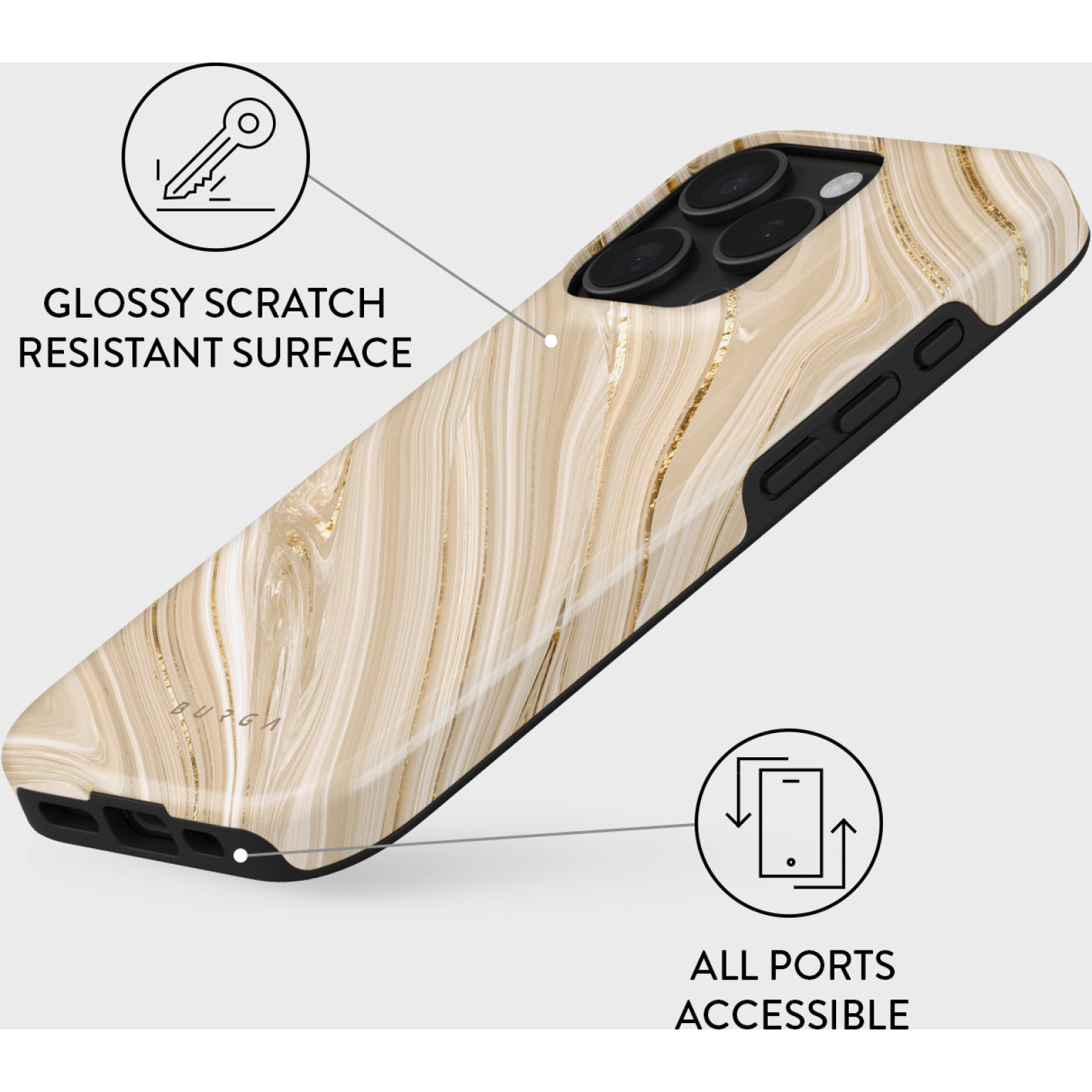 iPhone-hoesje met marmerdesign, gouden strepen, zwarte randen. Tekst: Glanzend krasbestendig oppervlak, alle poorten toegankelijk.