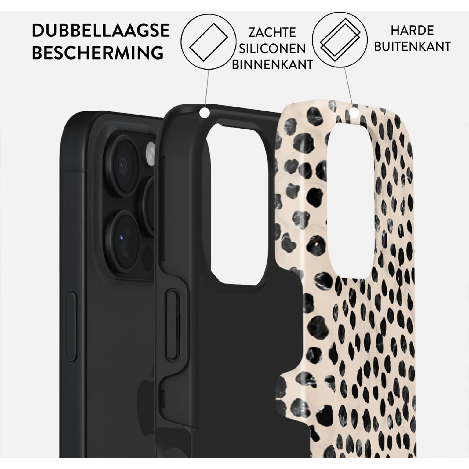 Diagram van een telefoonhoesje, met lagen: harde buitenschaal, zachte siliconen binnenkant en telefoon. Luipaardprint design op de achterkant.