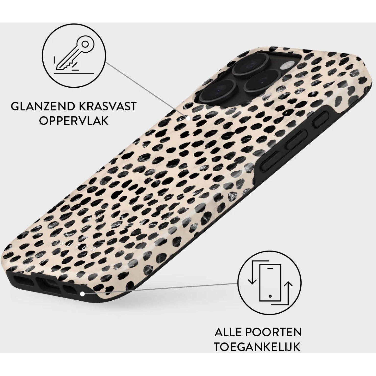 Een telefoonhoesje met zwarte stippen op een crèmekleurige achtergrond wordt getoond. Het heeft pictogrammen die belangrijke kenmerken benadrukken.