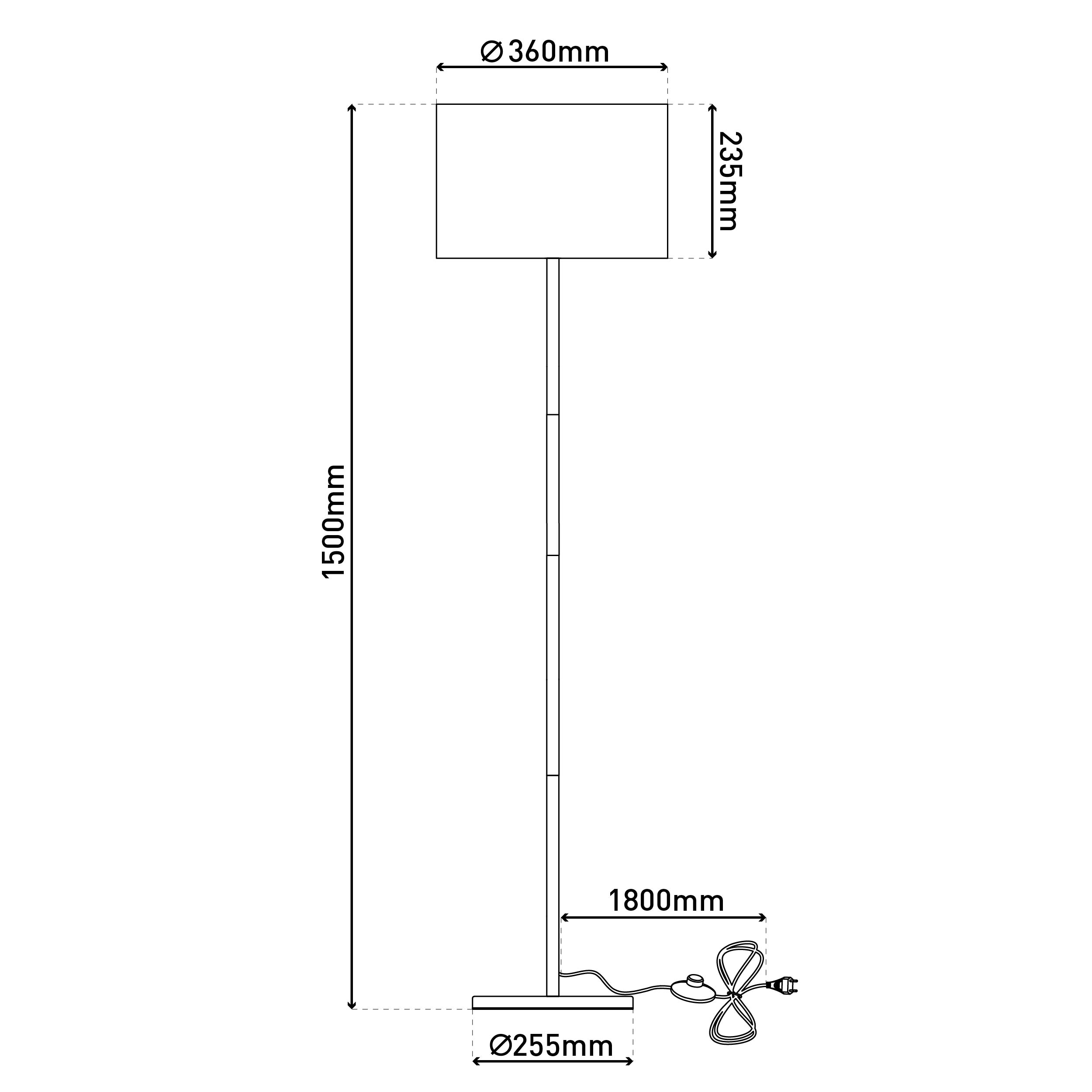 Diagramm einer Stehlampe mit Abmessungen. Die Lampe hat einen rechteckigen Schirm, einen dünnen Stab und einen kreisförmigen Fuß.