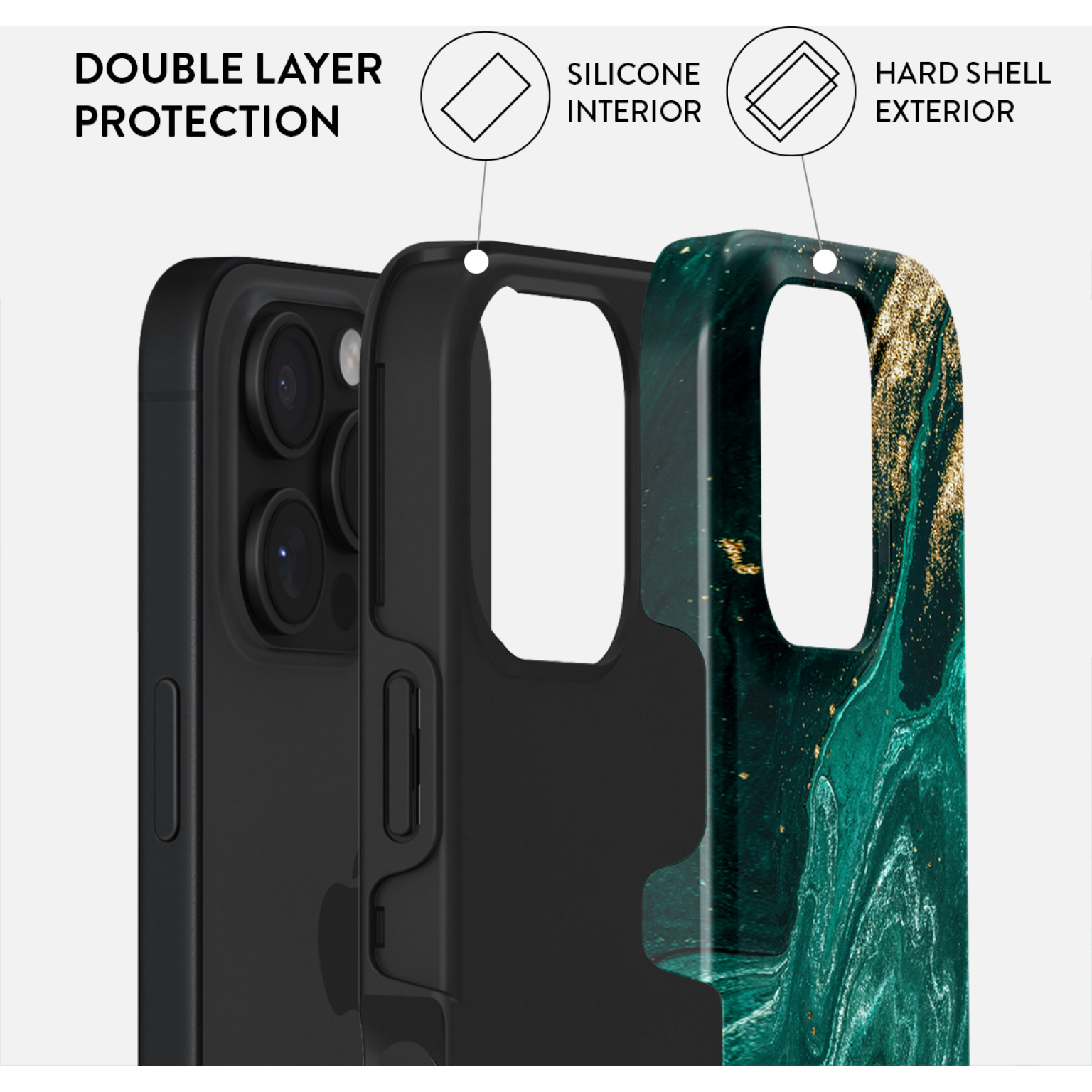 Afbeelding toont een telefoonhoesje met dubbele bescherming. Het heeft een siliconen binnenkant en een harde buitenkant met een groen marmer design.