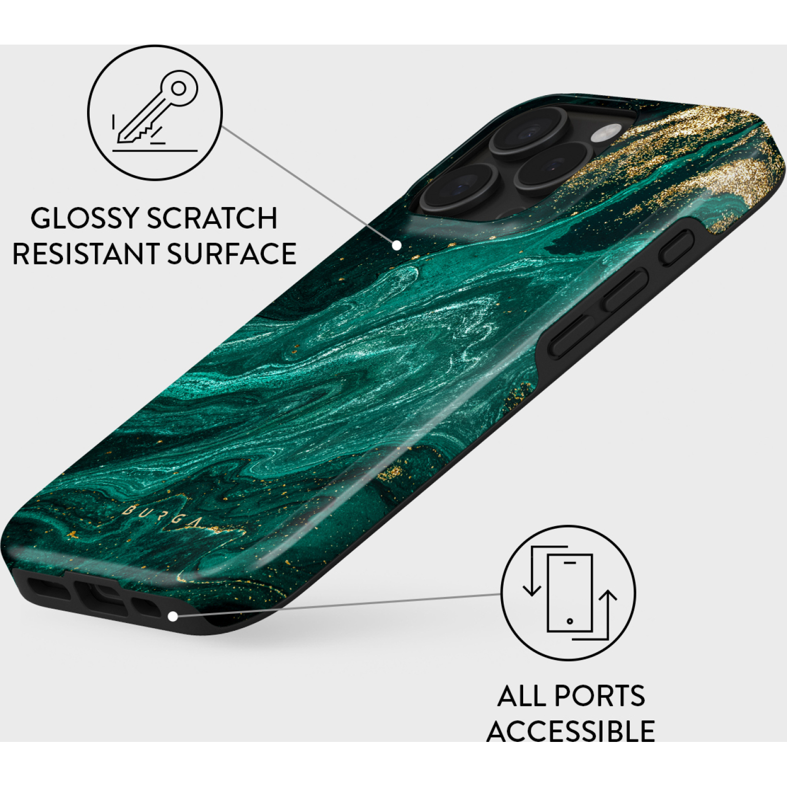 Een telefoonhoesje met een groen en goud marmerdesign. Beschikt over een glanzend, krasbestendig oppervlak en toegankelijke poorten.