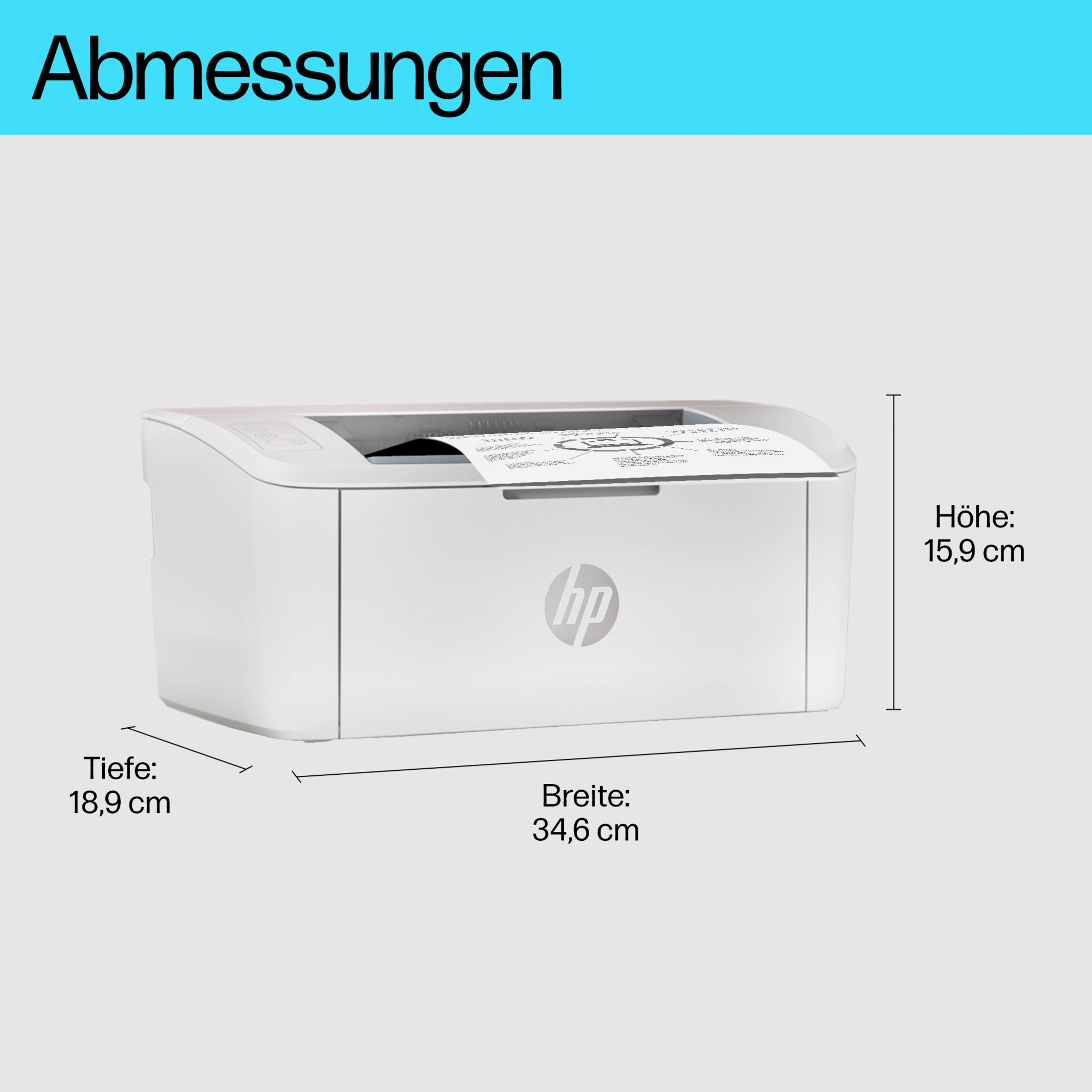 A white HP printer with dimensions labeled. Depth 18.9 cm, width 34.6 cm, height 15.9 cm. Paper is visible inside.