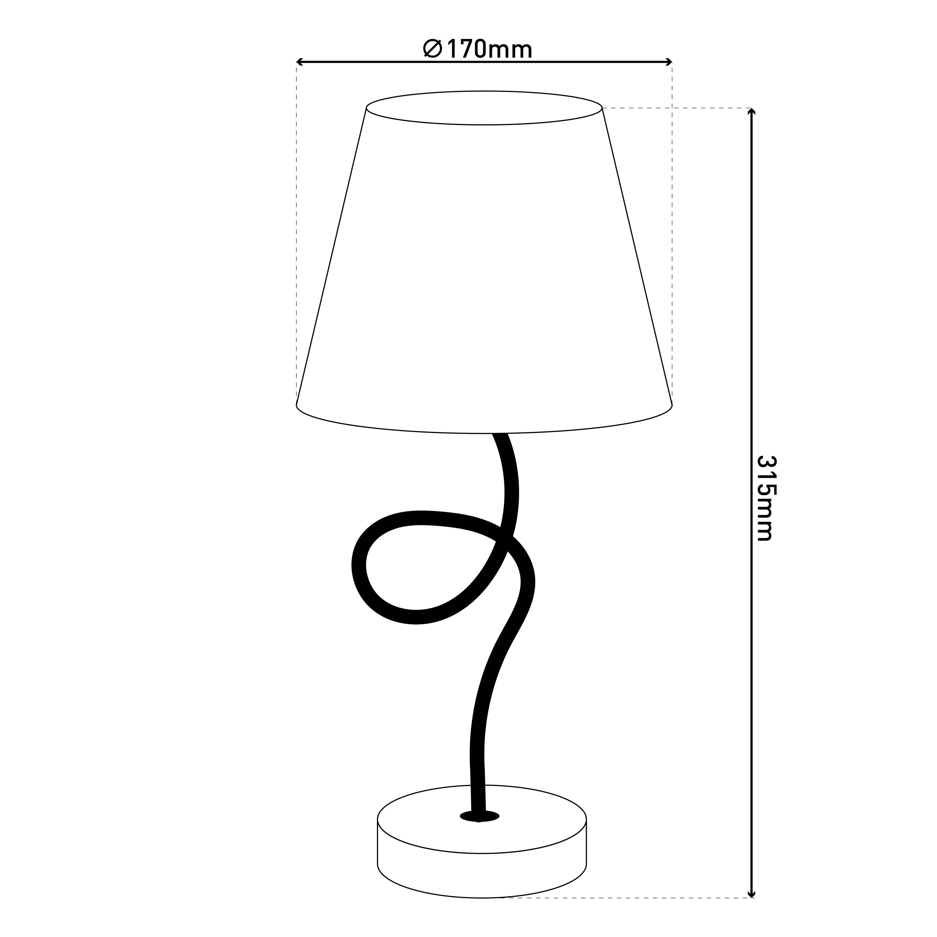 Eine Lampenillustration. Ein weißer Lampenschirm sitzt auf einem schwarzen, geschwungenen Stiel. Die Basis ist ein weißer Zylinder.