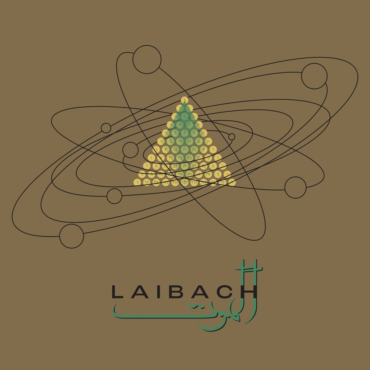 Un design astratto con un triangolo di cerchi, numeri e linee in orbita, con la parola 'LAIBACH' sotto in un font stilizzato.