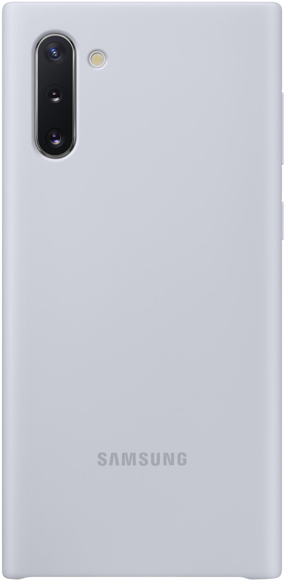 Una cover posteriore per telefono Samsung grigio chiaro. Ha tre fotocamere e il logo Samsung. Il bordo ha i pulsanti del volume.