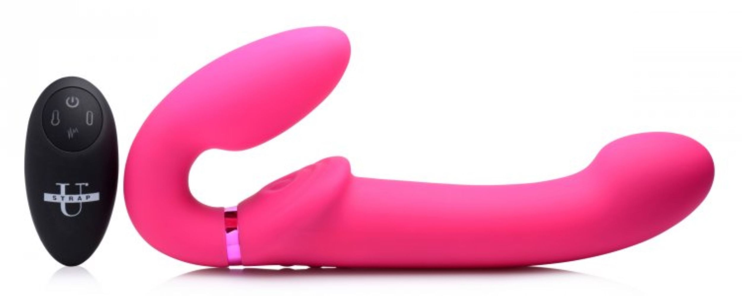 Ein pinkfarbenes Sexspielzeug mit geschwungenem Design und einer schwarzen Fernbedienung. Weißer Hintergrund.