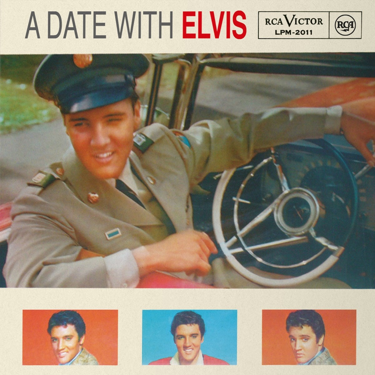 Copertina dell'album "A Date with Elvis". Elvis in uniforme, sorridente in auto. Sotto, tre foto più piccole di Elvis in pose diverse.
