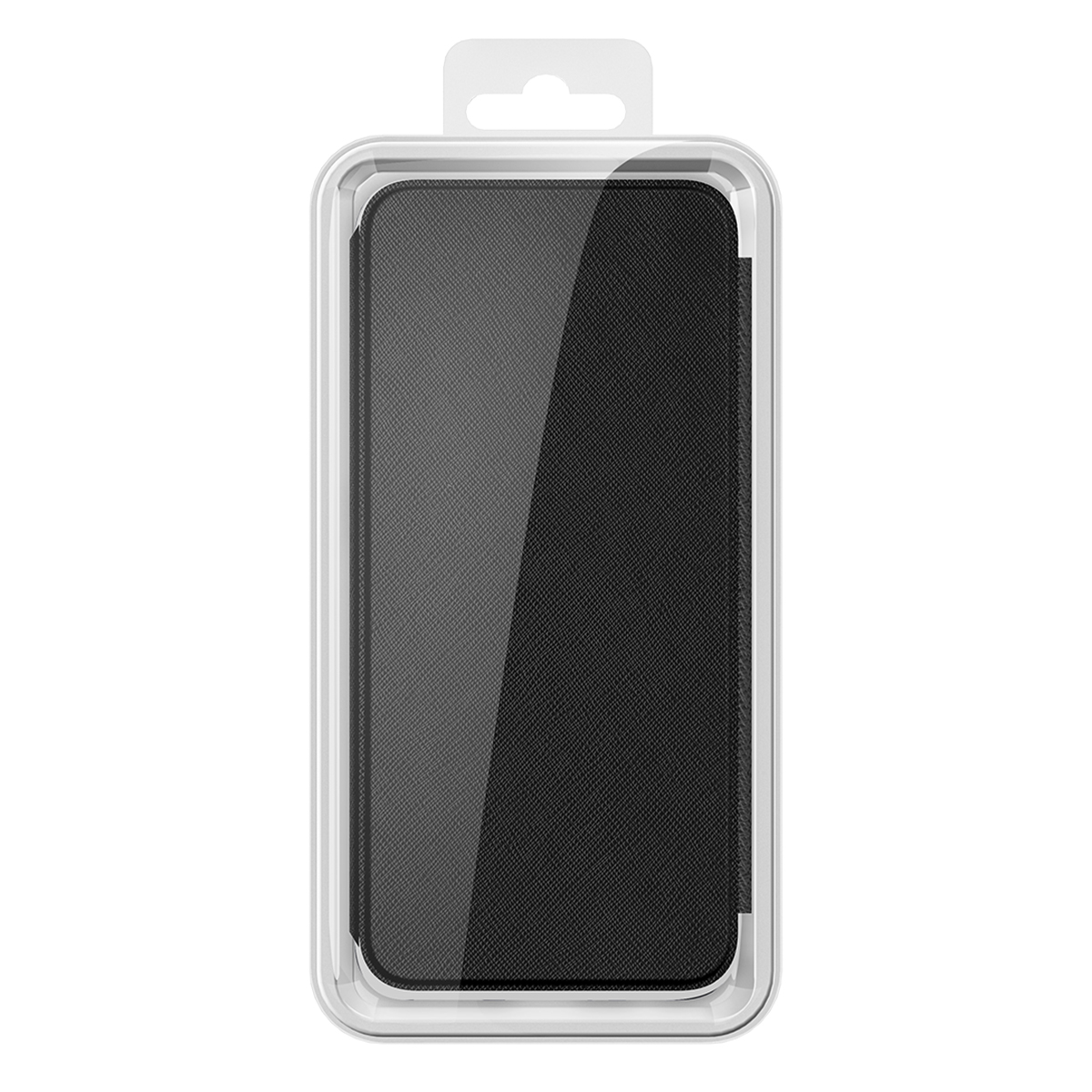 Una custodia nera per telefono in una confezione di plastica trasparente. La custodia ha una superficie strutturata e un fronte lucido.