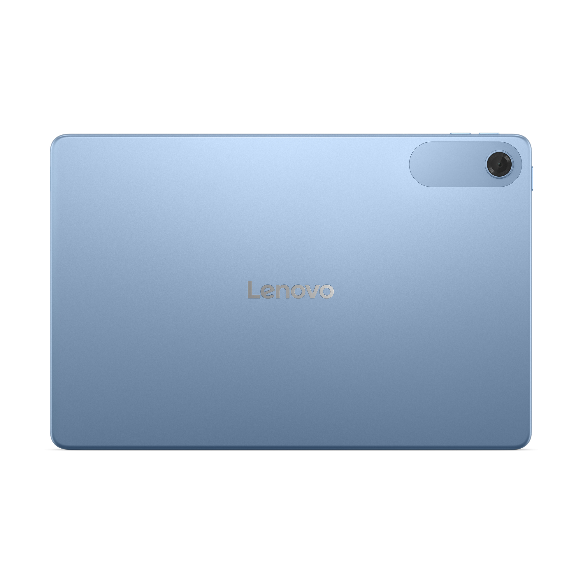 Tył jasnoniebieskiego tabletu Lenovo. Ma aparat po prawej stronie u góry. Logo Lenovo jest na środku.