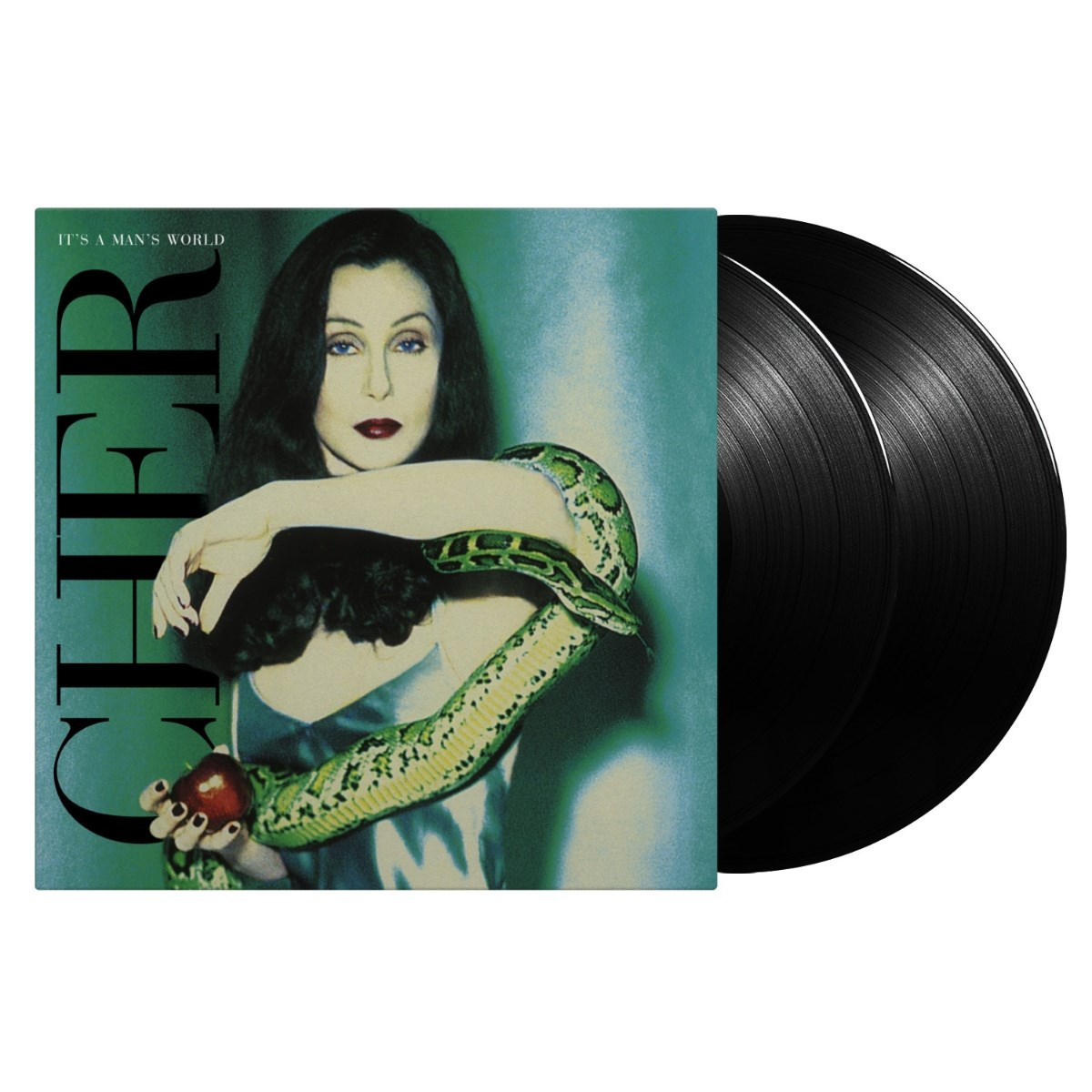Copertina dell'album di Cher. Cher tiene una mela, un serpente la circonda. Dischi in vinile neri a destra. Sfondo verde.