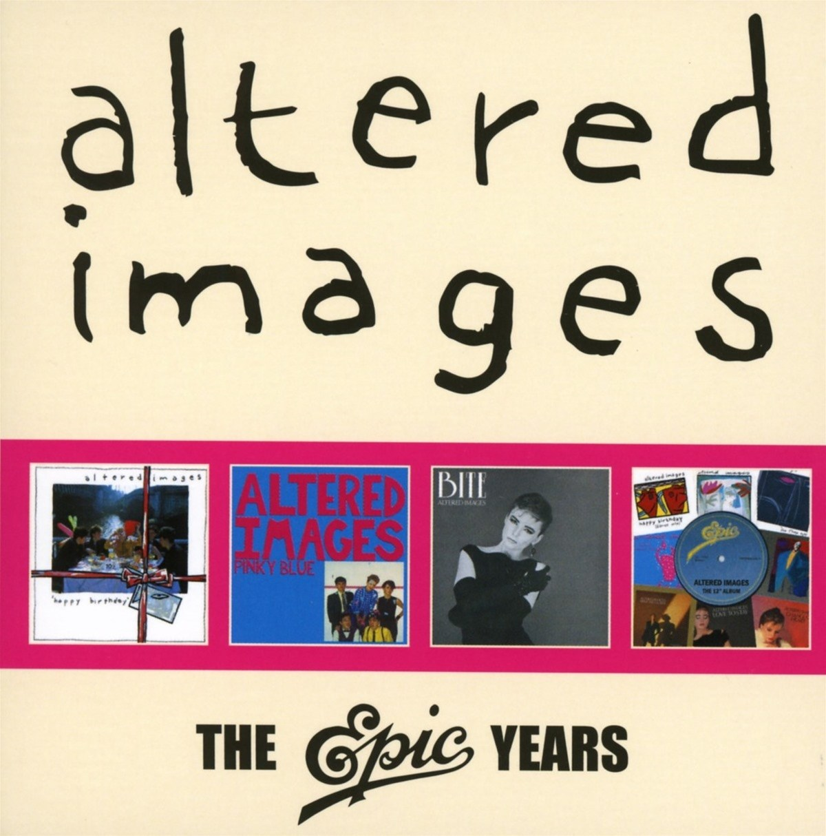 Albumhoes van 'Altered Images'. Boven staat de bandnaam. Daaronder albumhoezen in roze vierkanten, met 'The Epic Years' onderaan.