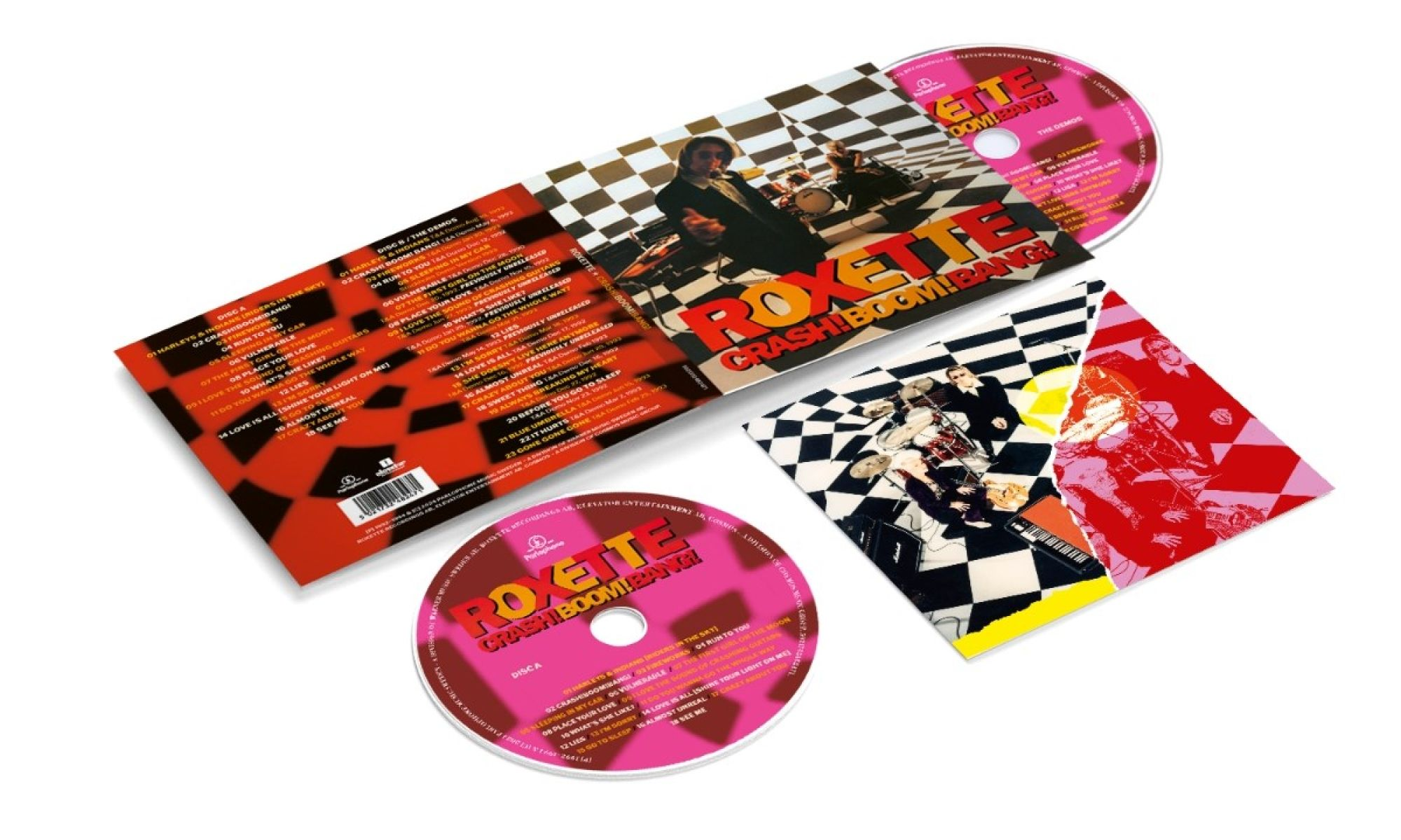 Set di CD con l'album dei Roxette, con l'immagine della band sulla copertina. Il disco è rosa con testo nero.