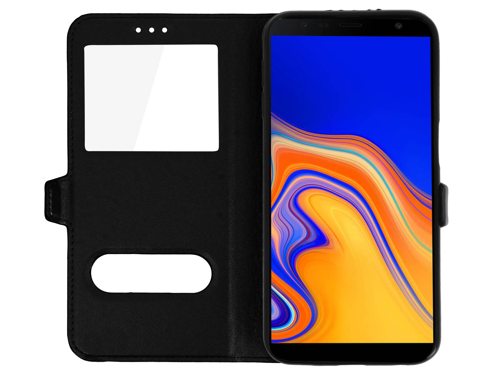 Custodia per telefono nera, aperta. Lo schermo del telefono mostra arte astratta blu e arancione. La custodia ha una finestra e un ritaglio.