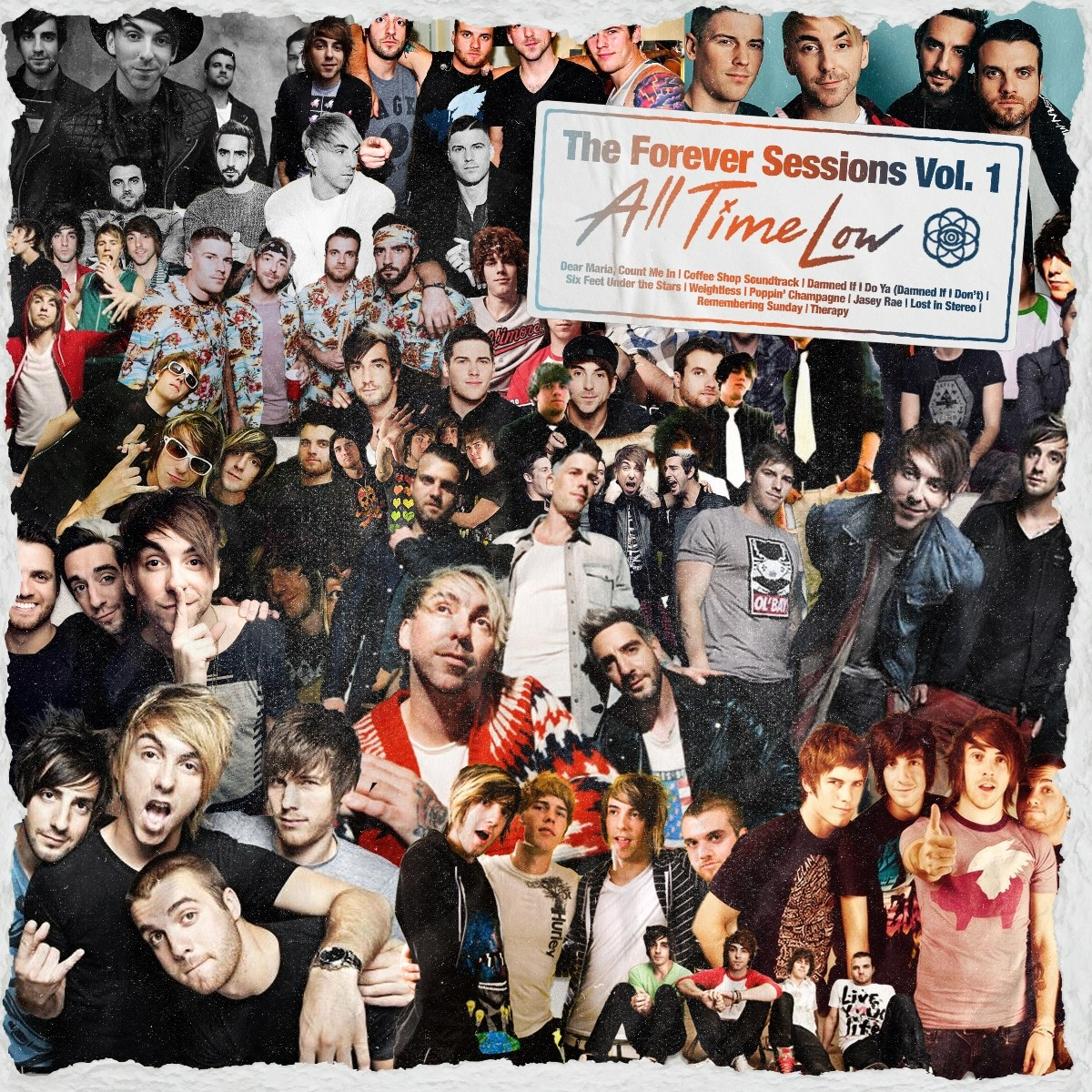 Collage di molte persone, per lo più giovani uomini, alcuni in bianco e nero. Copertina dell'album 'All Time Low' con titoli delle canzoni.