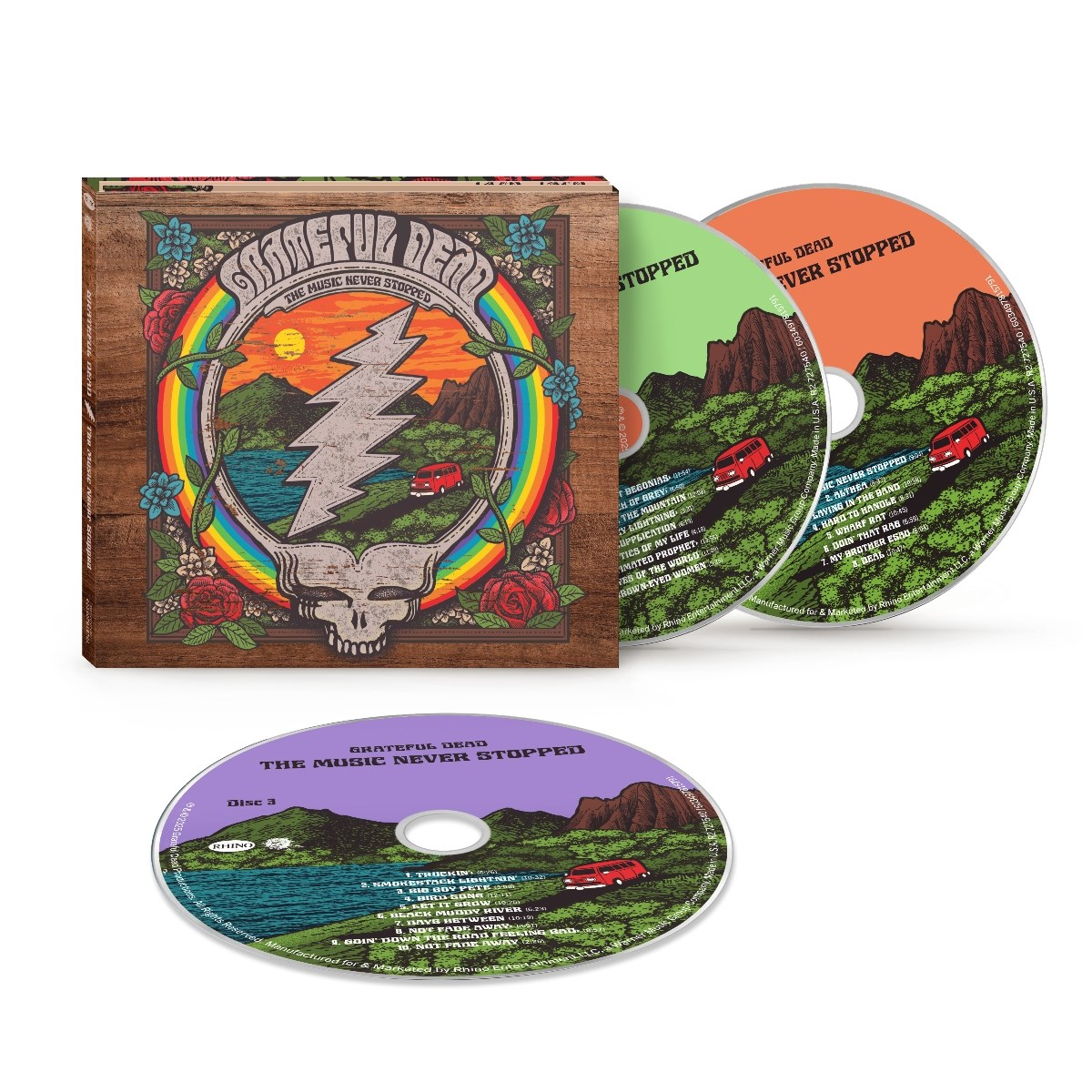 Set di album dei Grateful Dead. Scatola, tre CD con immagini di montagne e auto rossa. Teschio e fulmine sulla scatola.