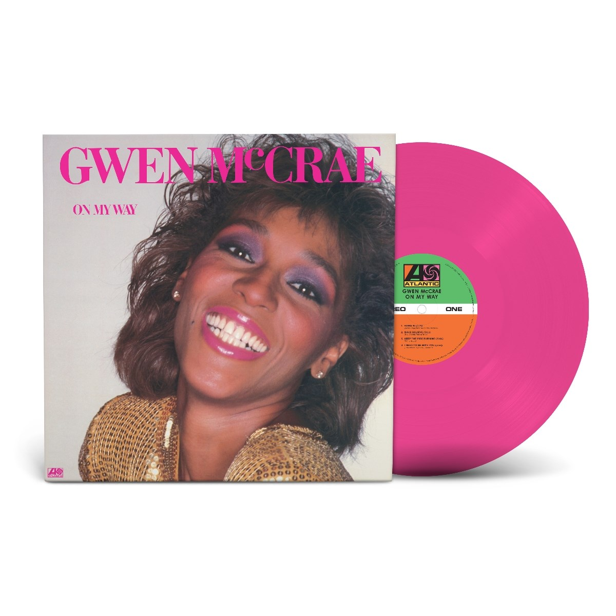 Copertina dell'album di Gwen McCrae, 'On My Way', con una donna sorridente. Accanto, un disco in vinile rosa.