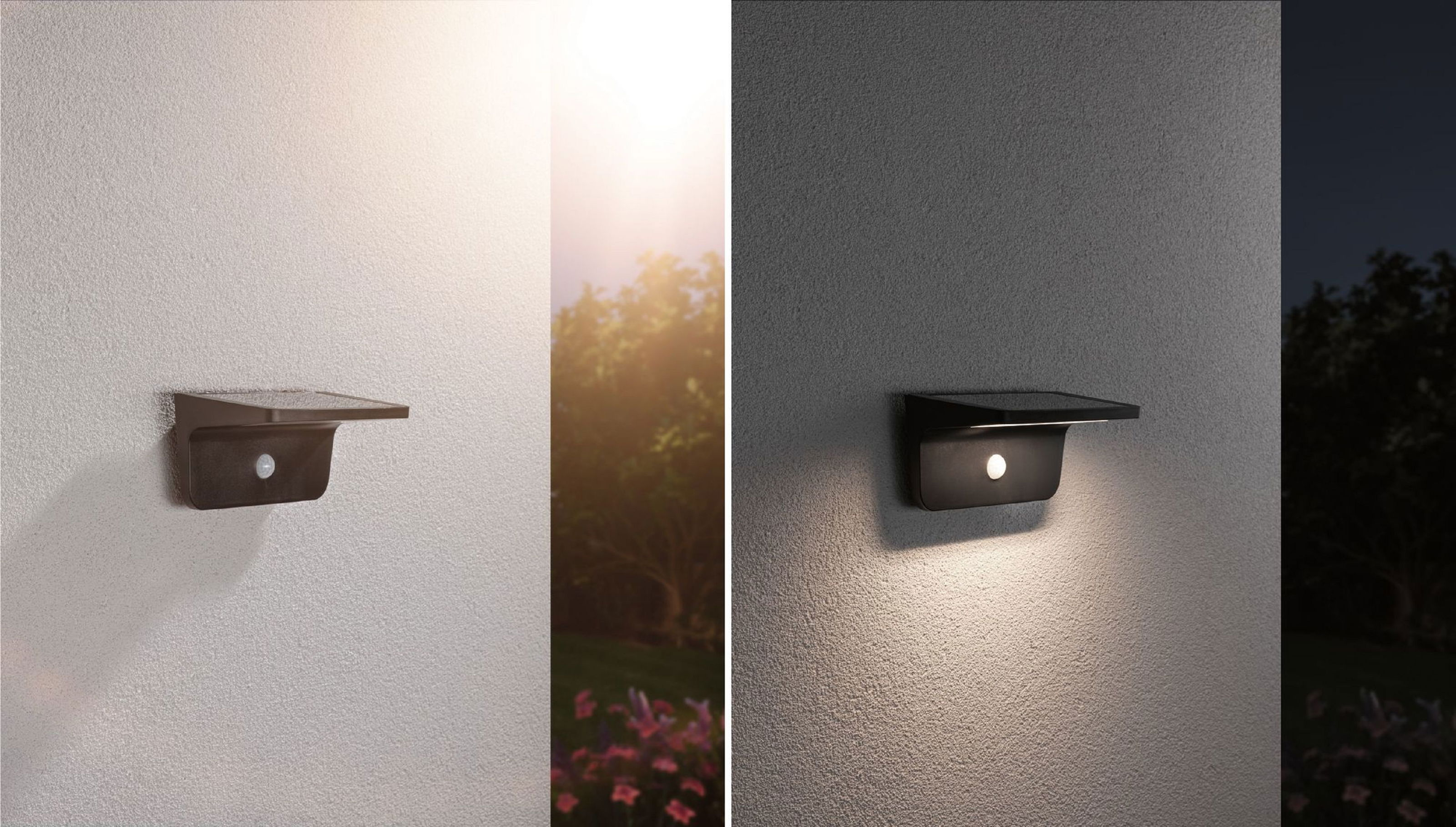 Czarna, zasilana energią słoneczną lampa ścienna jest zamontowana na teksturowanej ścianie. Światło jest włączone na prawym zdjęciu, wyłączone po lewej.