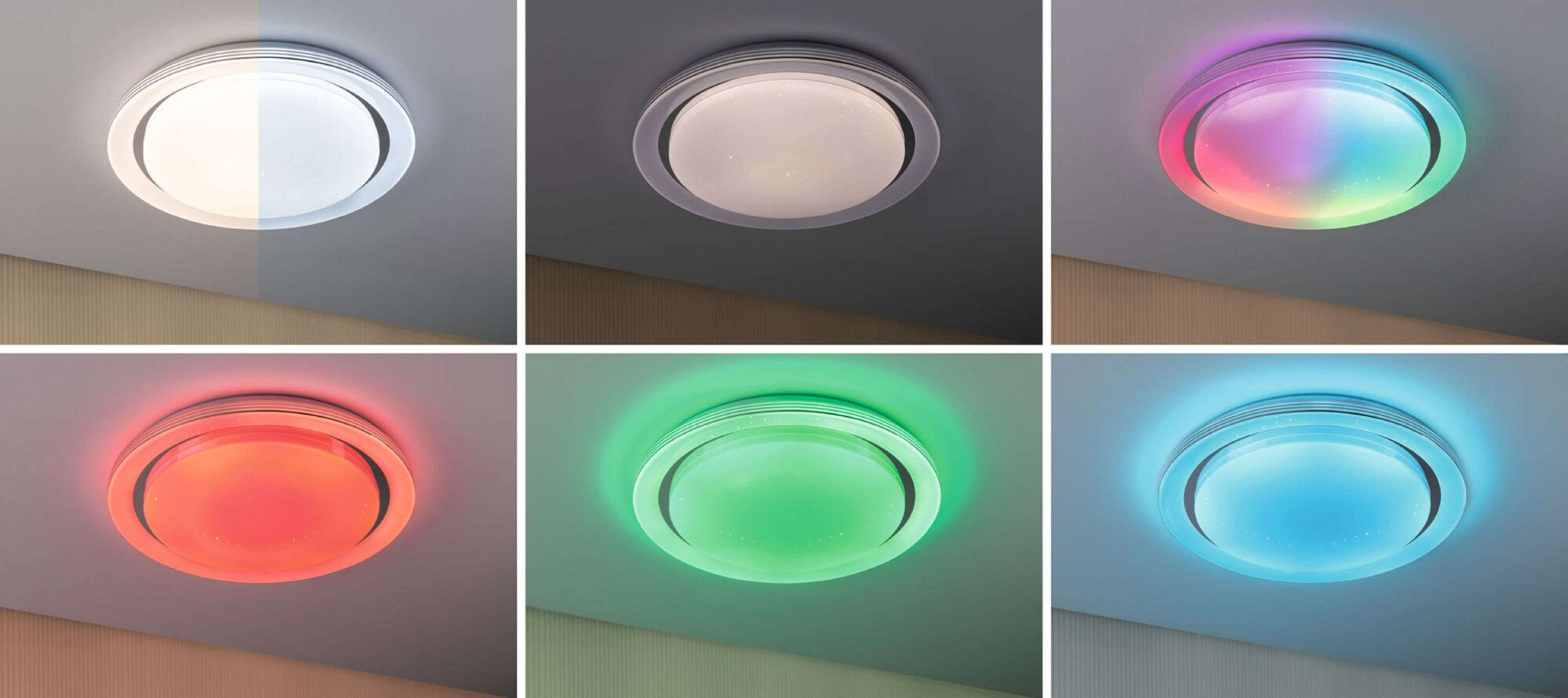 Sześć zdjęć okrągłej lampy sufitowej z różnymi ustawieniami kolorów. Światło jest białe, tęczowe, czerwone, zielone i niebieskie. Sufit jest szary.