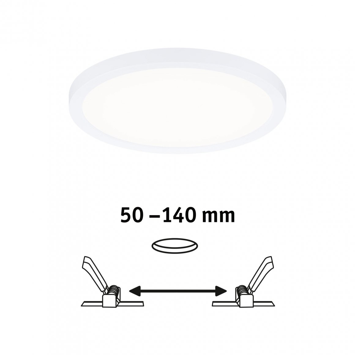 Biała, okrągła lampa sufitowa. Poniżej schematy pokazujące wymiary instalacji: 50-140mm, z klipsami montażowymi i małym dyskiem.