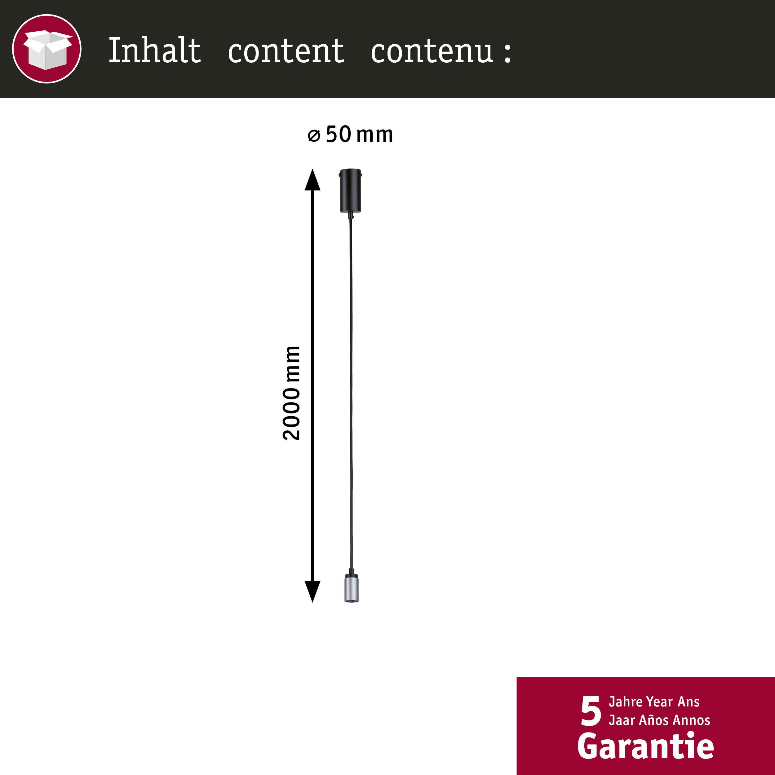 Czarna lampa wisząca o wymiarach 2000 mm długości i 50 mm średnicy. Etykieta gwarancyjna w prawym dolnym rogu.