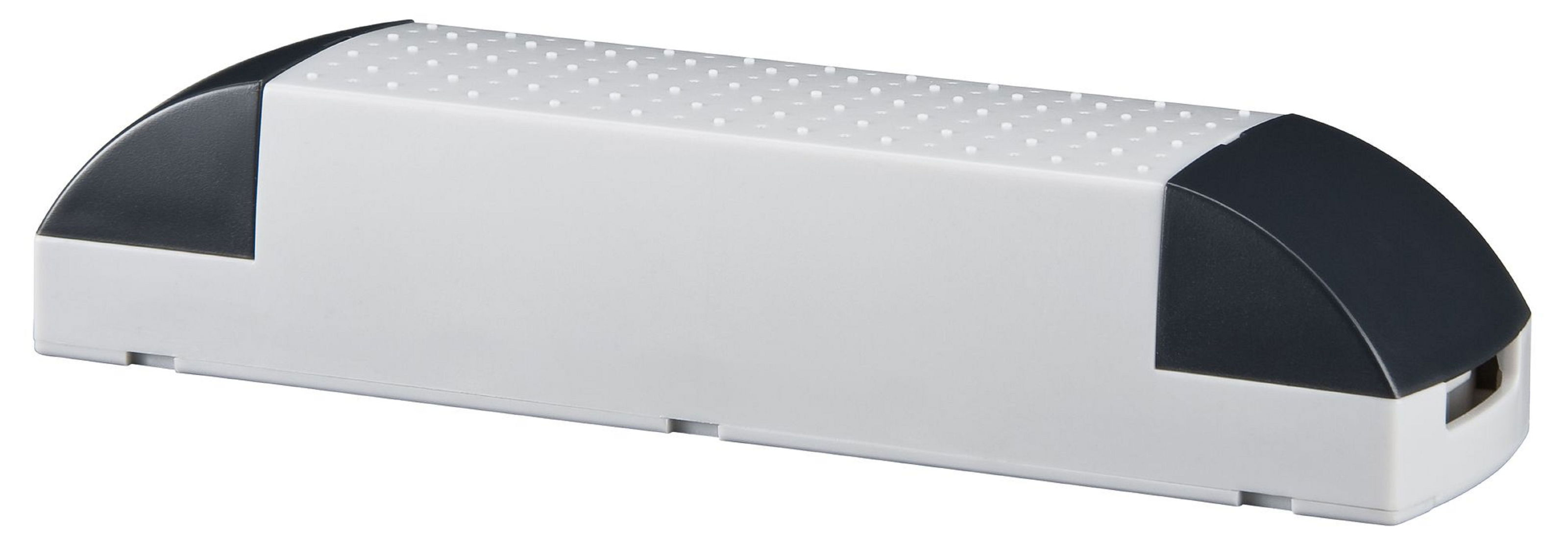 Prostokątne białe urządzenie z ciemnoszarymi zakrzywionymi zaślepkami. Na górze małe, wypukłe kropki.