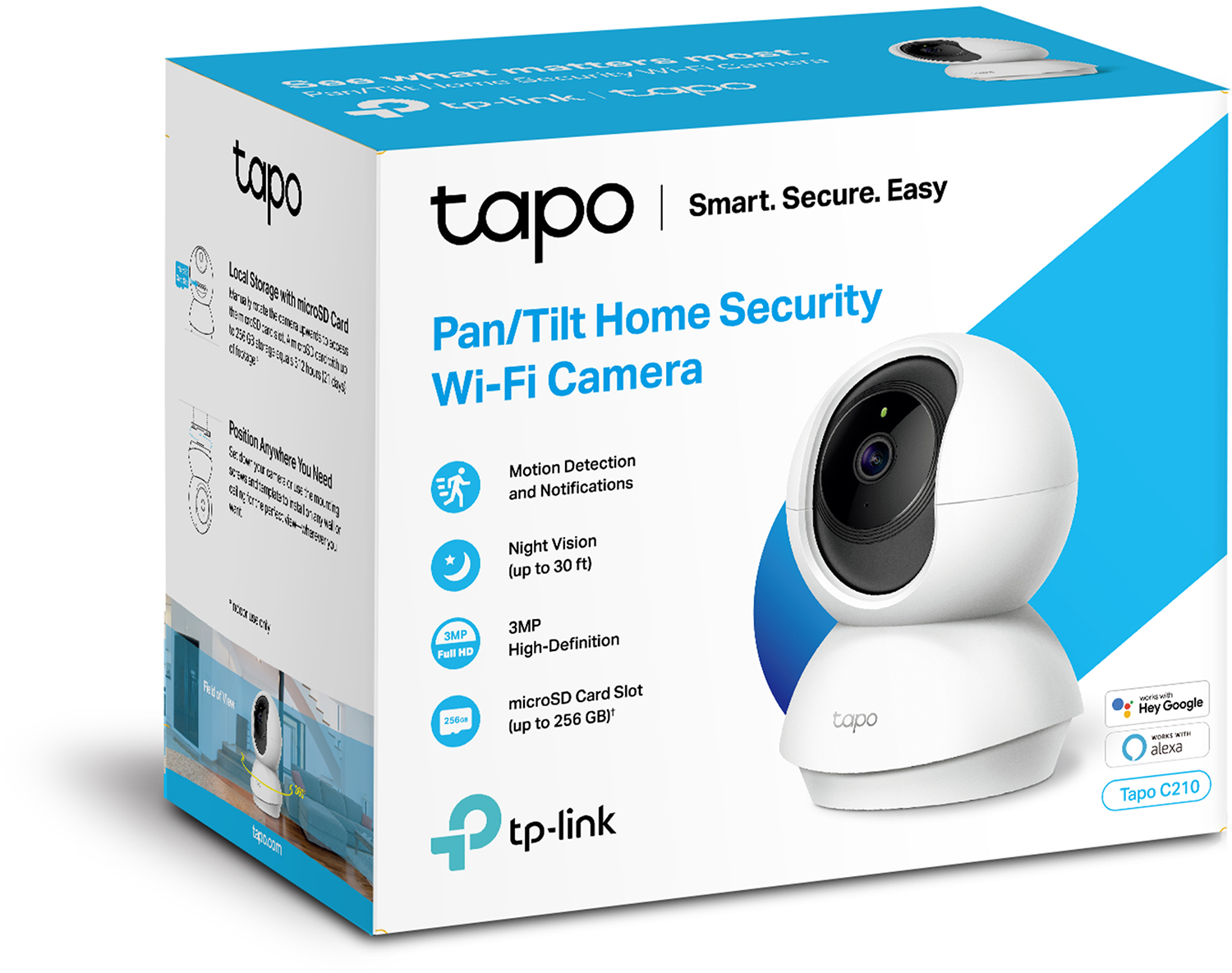 Una caja blanca de la cámara Tapo Wi-Fi. Incluye detección de movimiento, visión nocturna y ranura para tarjeta microSD. La marca es tp-link.