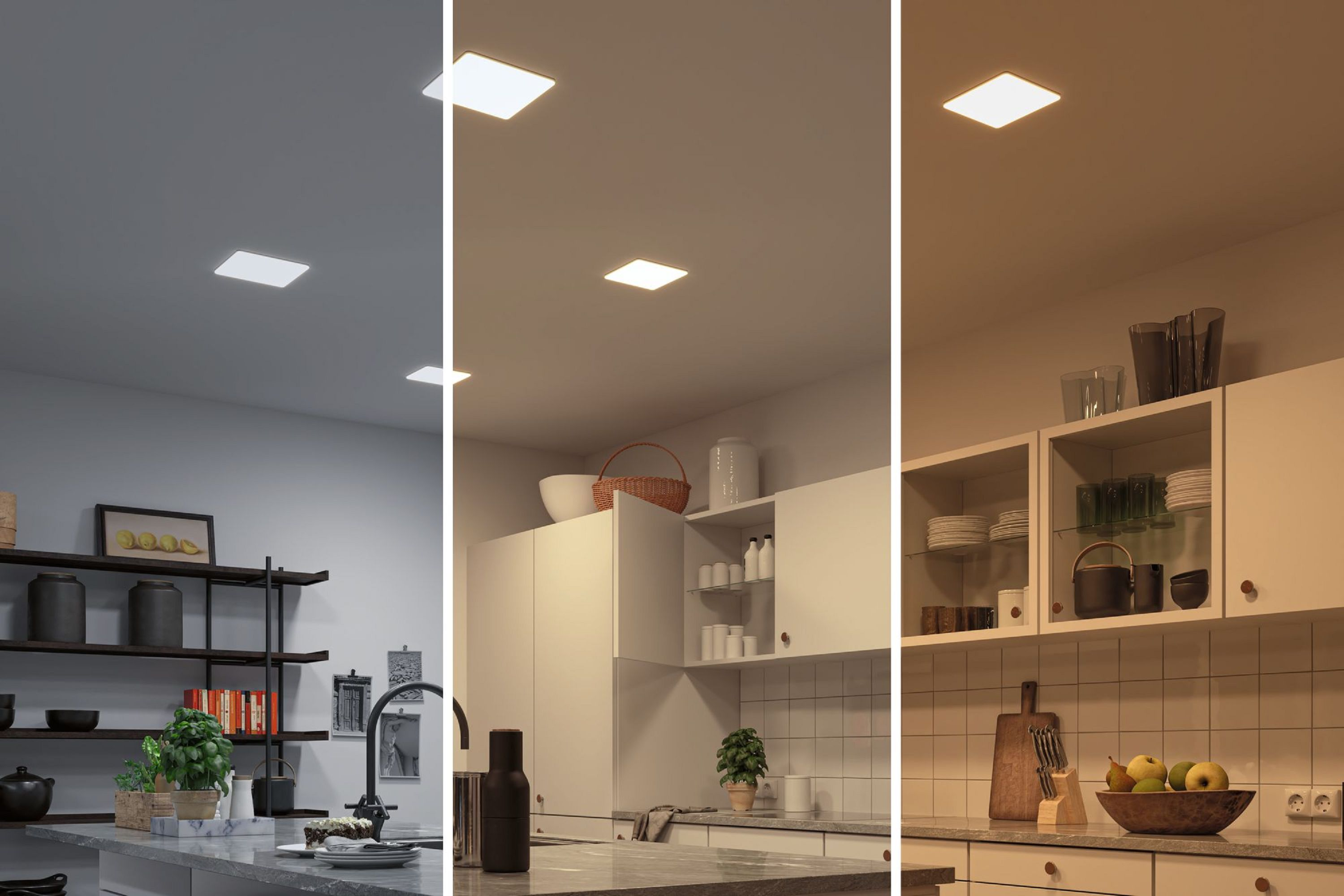 Una cucina con tre temperature colore di illuminazione. Sono visibili armadi, piani di lavoro ed elettrodomestici. Faretti quadrati.