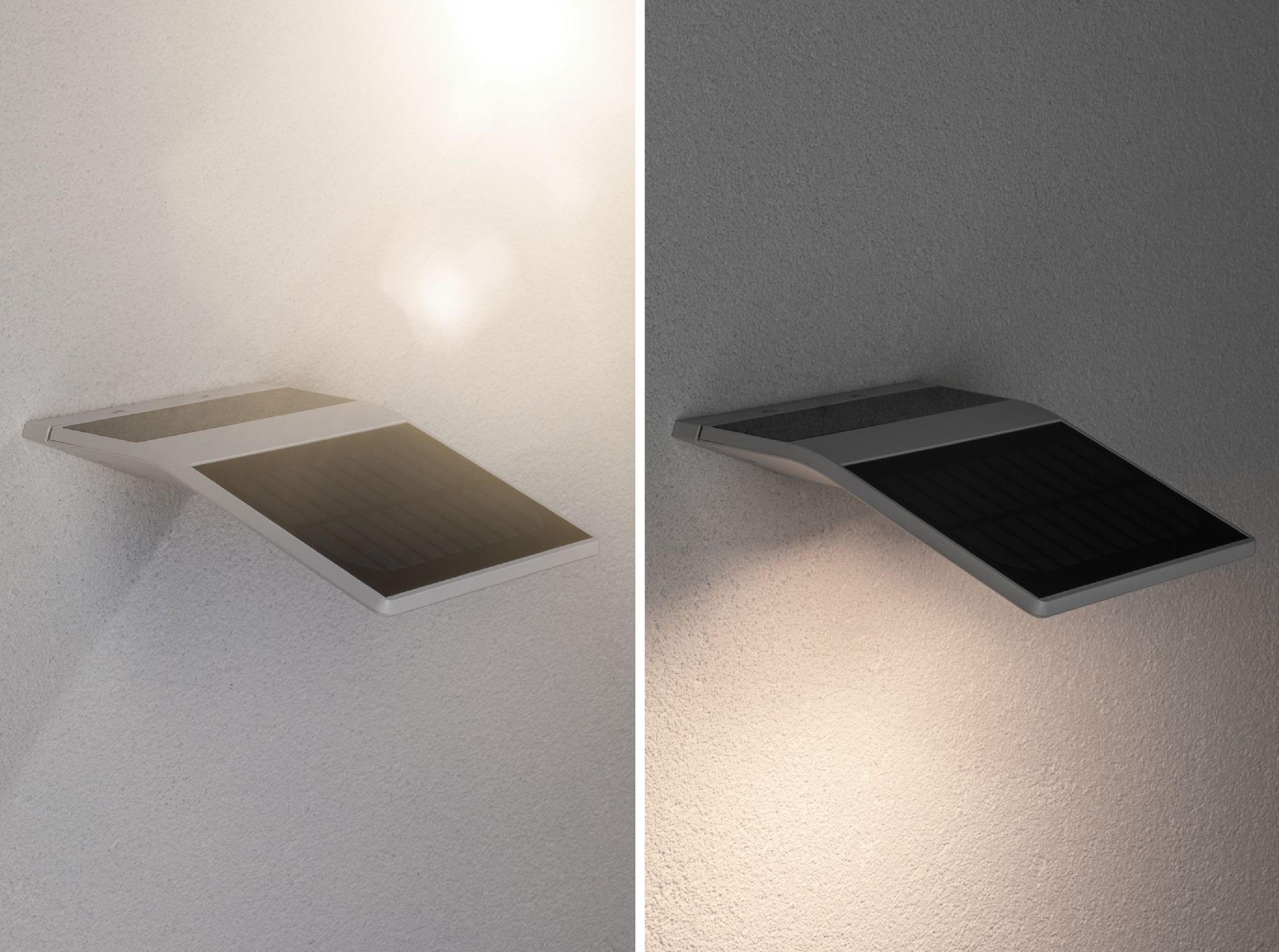 È mostrato un apparecchio di illuminazione solare a parete. Ha un pannello solare rettangolare e un telaio grigio, montato su un muro strutturato.