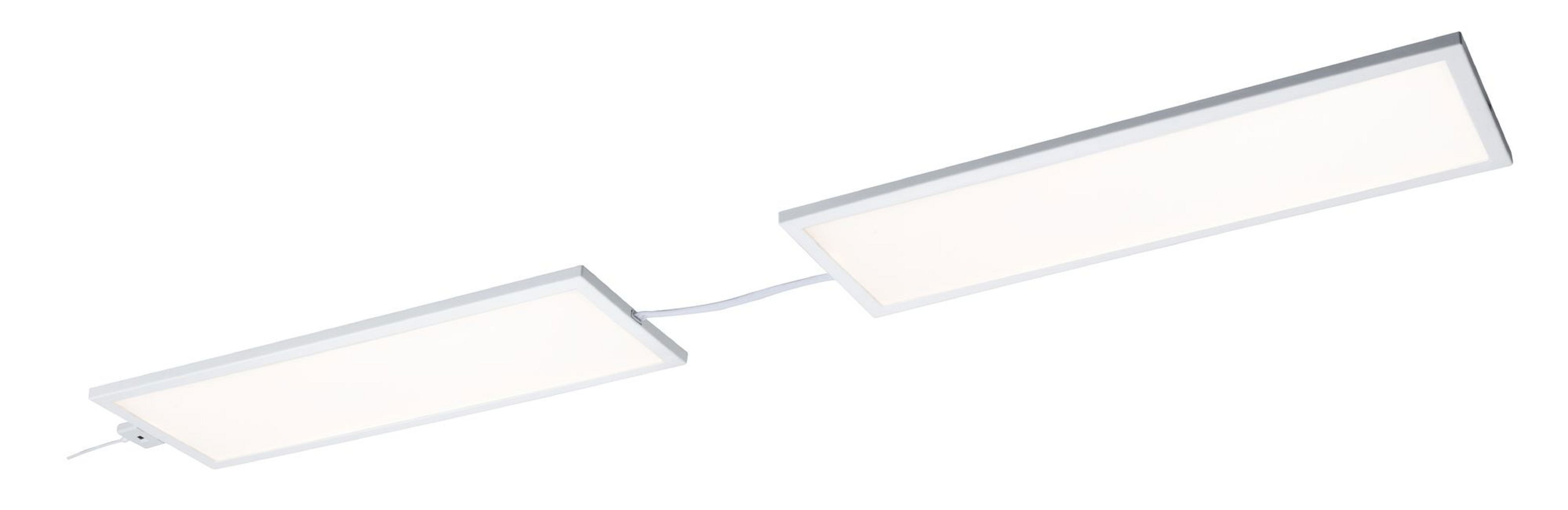 Dwie prostokątne białe lampy LED połączone białym kablem, na białym tle. Lampy są ustawione pod kątem.