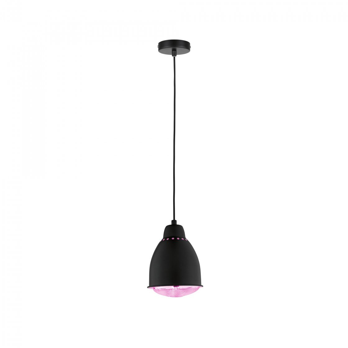 Czarna lampa wisząca z różowym źródłem światła wisi na białym tle. Lampa ma kształt dzwonu.